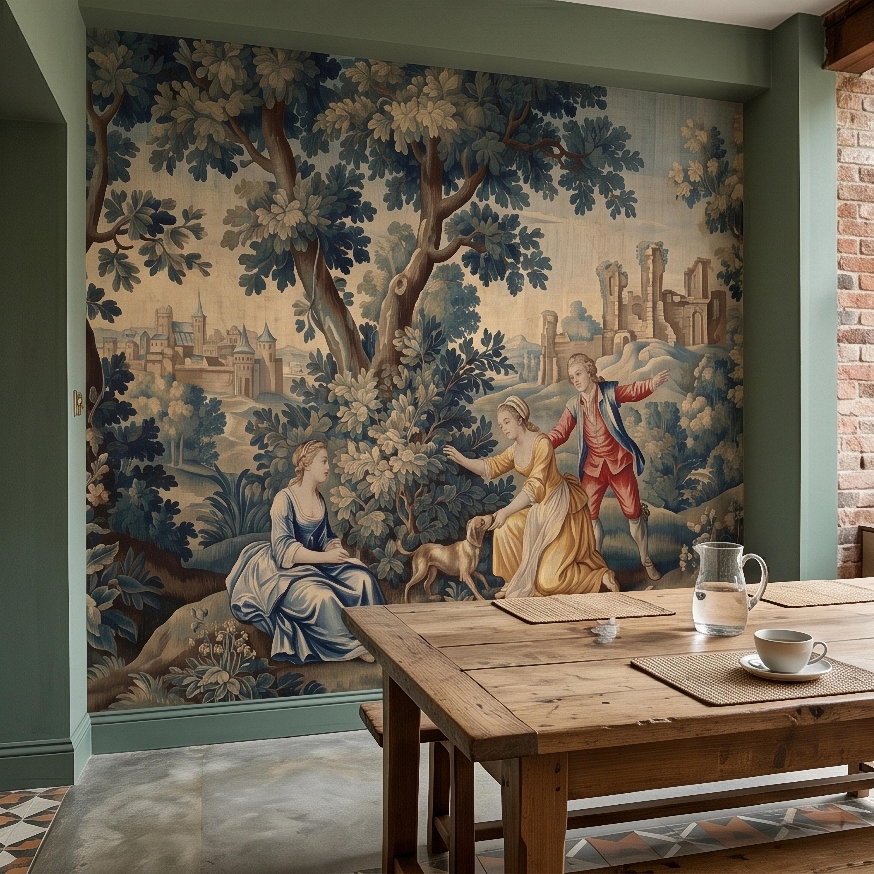 Pastoral Toile de Jouy Peel and Stick Wall Mural, Vintage French Country Blue Verdure Scenic with Castle Ruins, Lovers and Dog Wallpaper