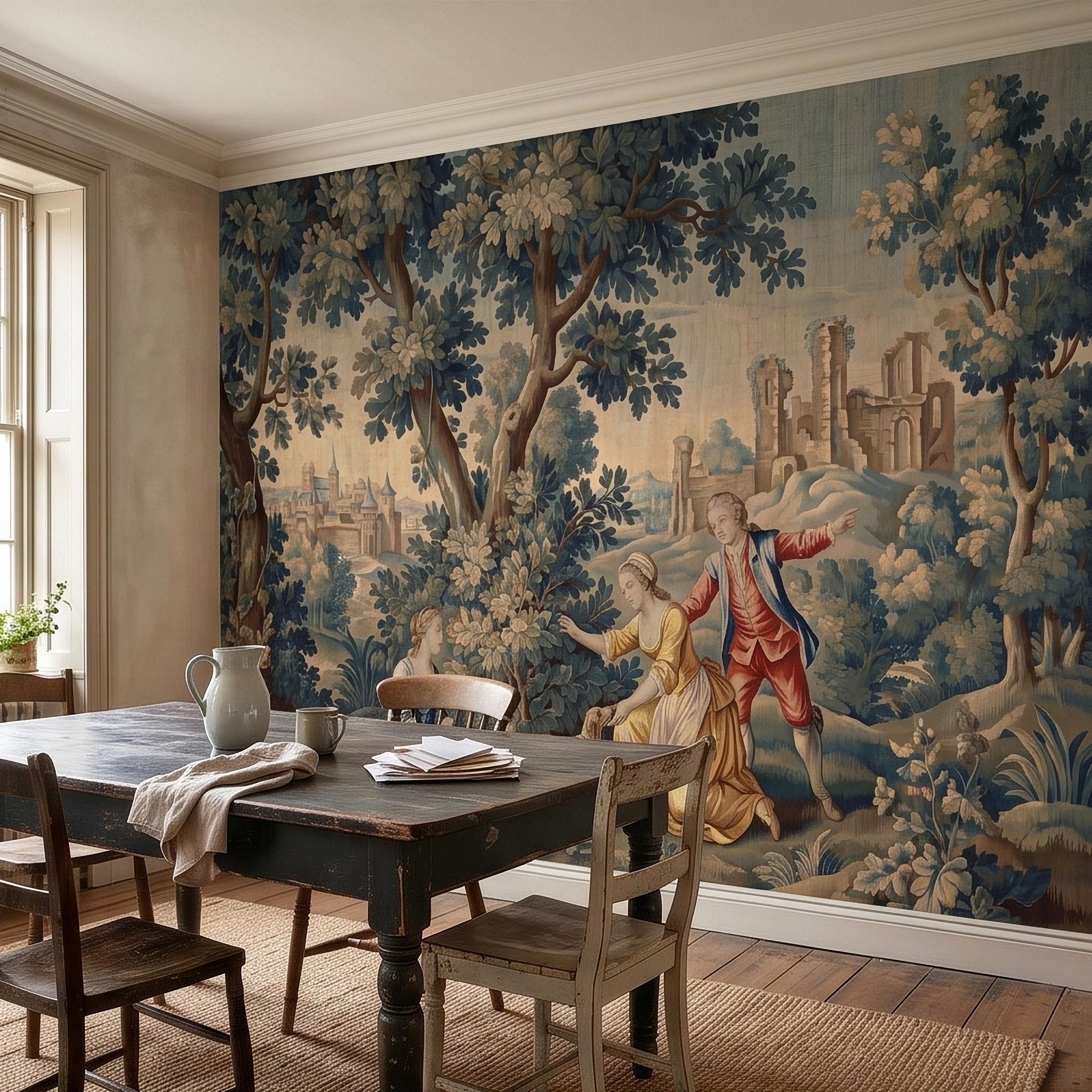Pastoral Toile de Jouy Peel and Stick Wall Mural, Vintage French Country Blue Verdure Scenic with Castle Ruins, Lovers and Dog Wallpaper