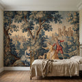 Pastoral Toile de Jouy Peel and Stick Wall Mural, Vintage French Country Blue Verdure Scenic with Castle Ruins, Lovers and Dog Wallpaper