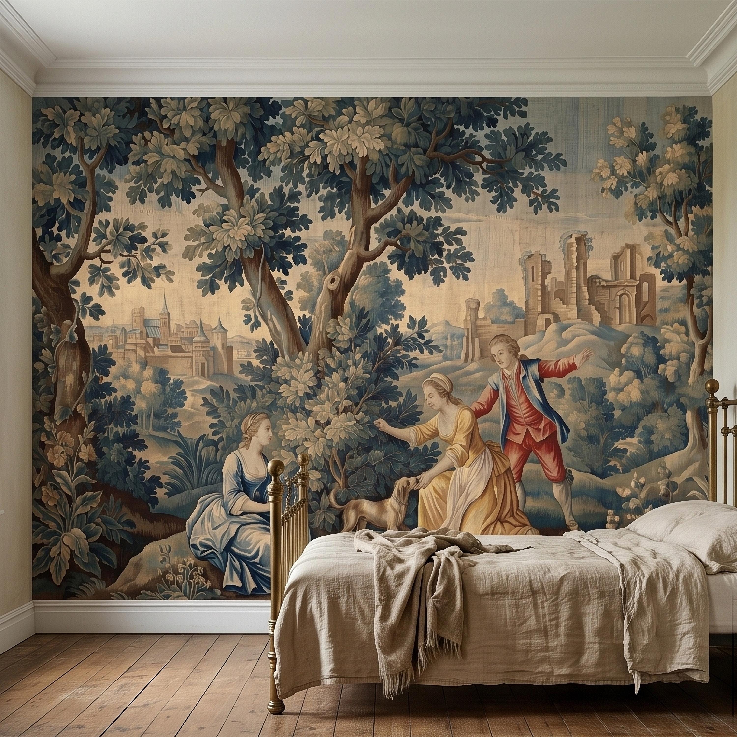 Pastoral Toile de Jouy Peel and Stick Wall Mural, Vintage French Country Blue Verdure Scenic with Castle Ruins, Lovers and Dog Wallpaper