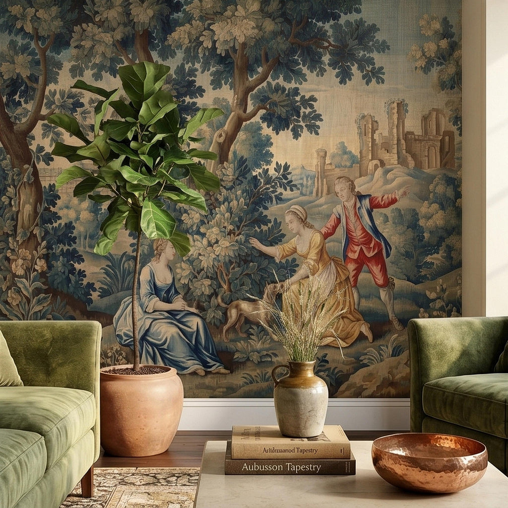Pastoral Toile de Jouy Peel and Stick Wall Mural, Vintage French Country Blue Verdure Scenic with Castle Ruins, Lovers and Dog Wallpaper