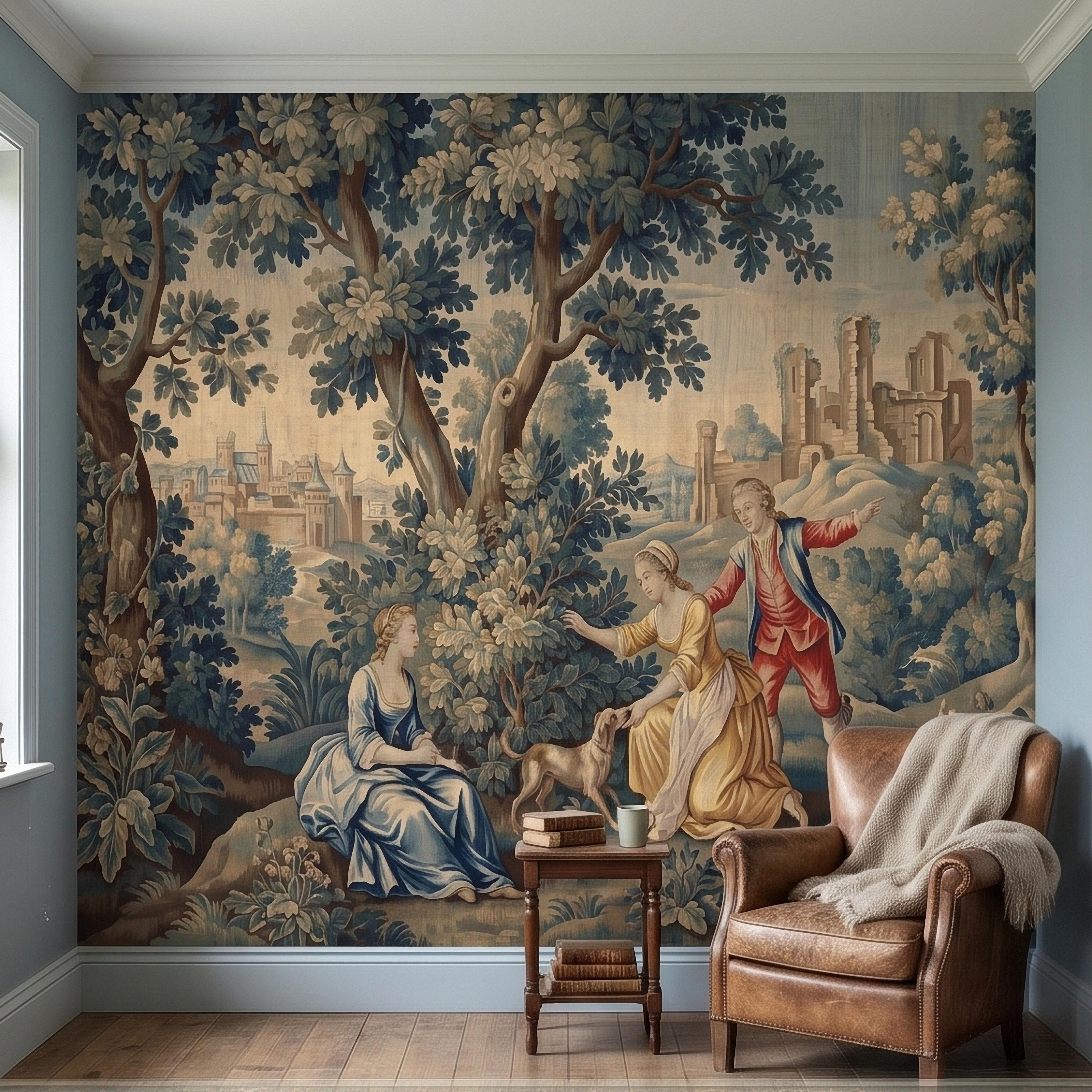 Pastoral Toile de Jouy Peel and Stick Wall Mural, Vintage French Country Blue Verdure Scenic with Castle Ruins, Lovers and Dog Wallpaper