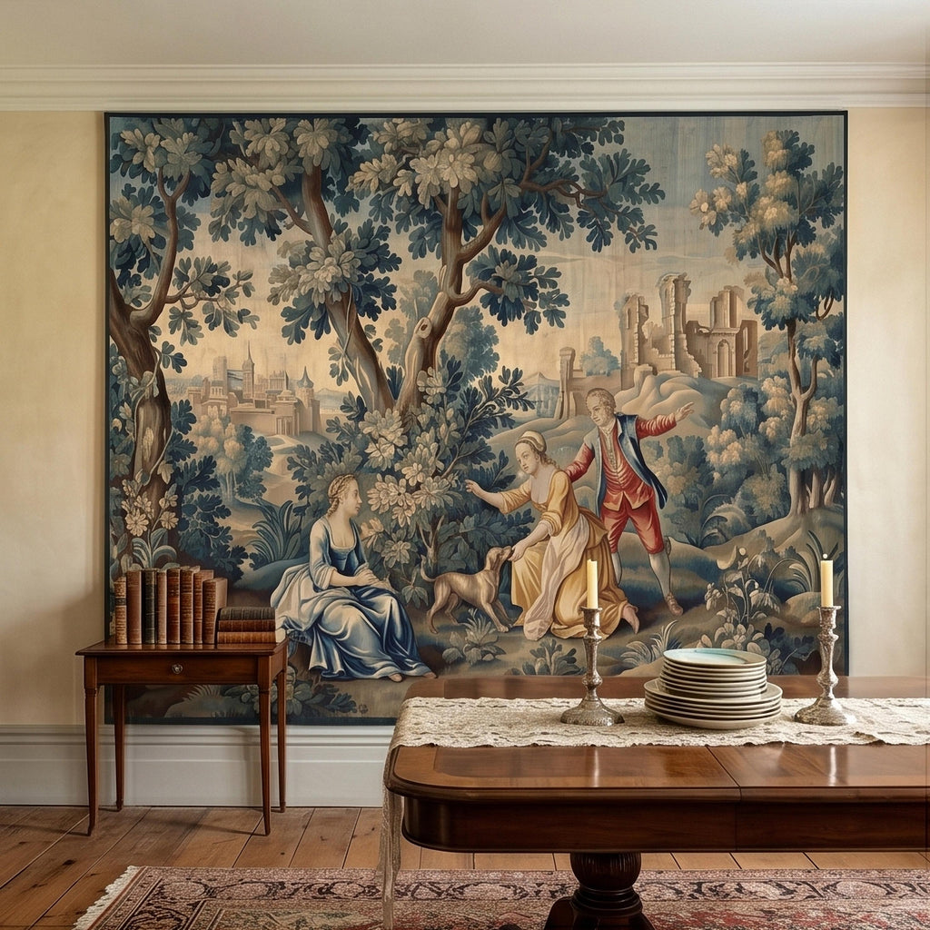 Pastoral Toile de Jouy Peel and Stick Wall Mural, Vintage French Country Blue Verdure Scenic with Castle Ruins, Lovers and Dog Wallpaper