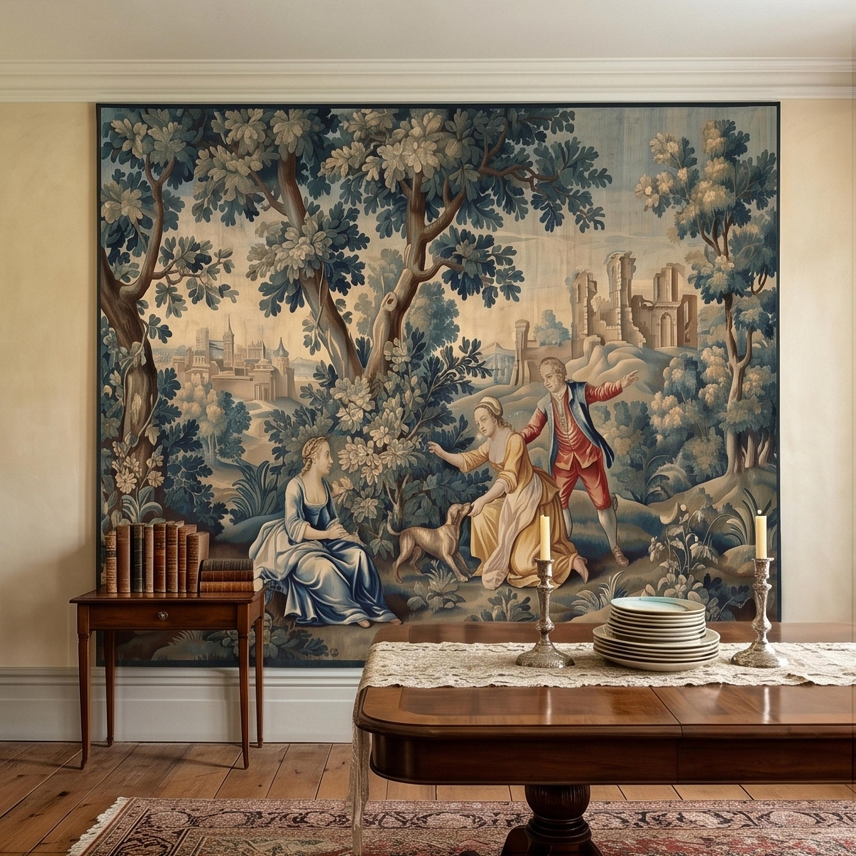 Pastoral Toile de Jouy Peel and Stick Wall Mural, Vintage French Country Blue Verdure Scenic with Castle Ruins, Lovers and Dog Wallpaper