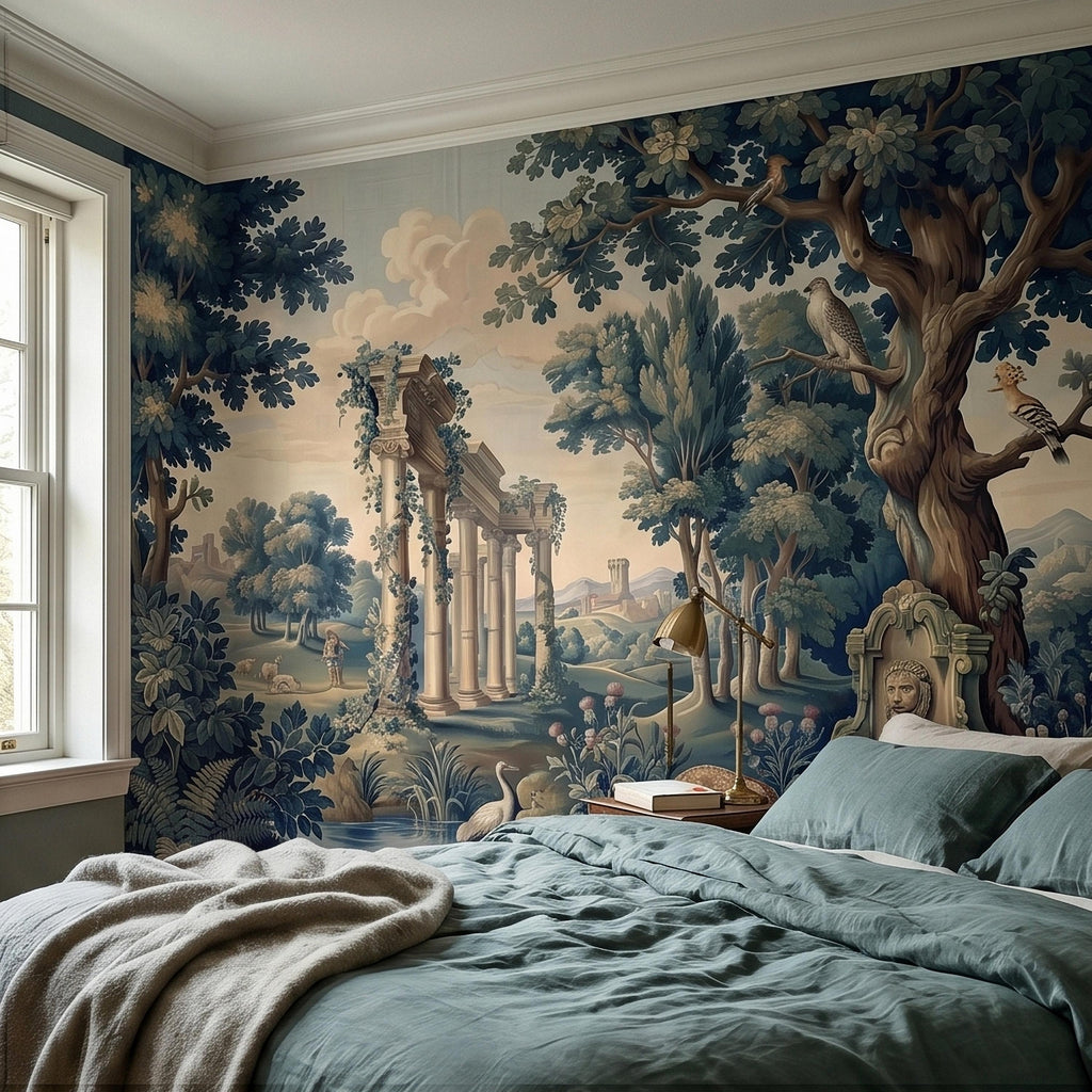 Blue Verdure Garden Peel and Stick Wall Mural, Toile de Jouy French Scenic with Roman Columns, Peacock Deer and Fountain, Vintage Wallpaper
