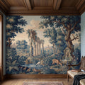 Blue Verdure Garden Peel and Stick Wall Mural, Toile de Jouy French Scenic with Roman Columns, Peacock Deer and Fountain, Vintage Wallpaper