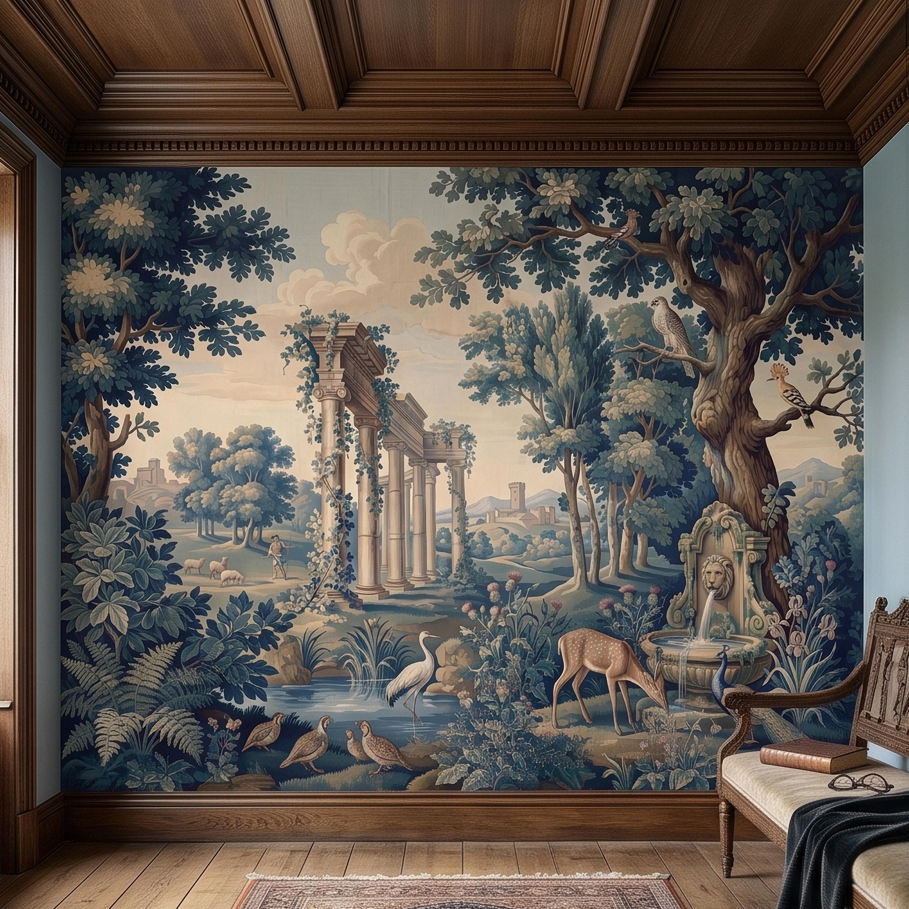 Blue Verdure Garden Peel and Stick Wall Mural, Toile de Jouy French Scenic with Roman Columns, Peacock Deer and Fountain, Vintage Wallpaper