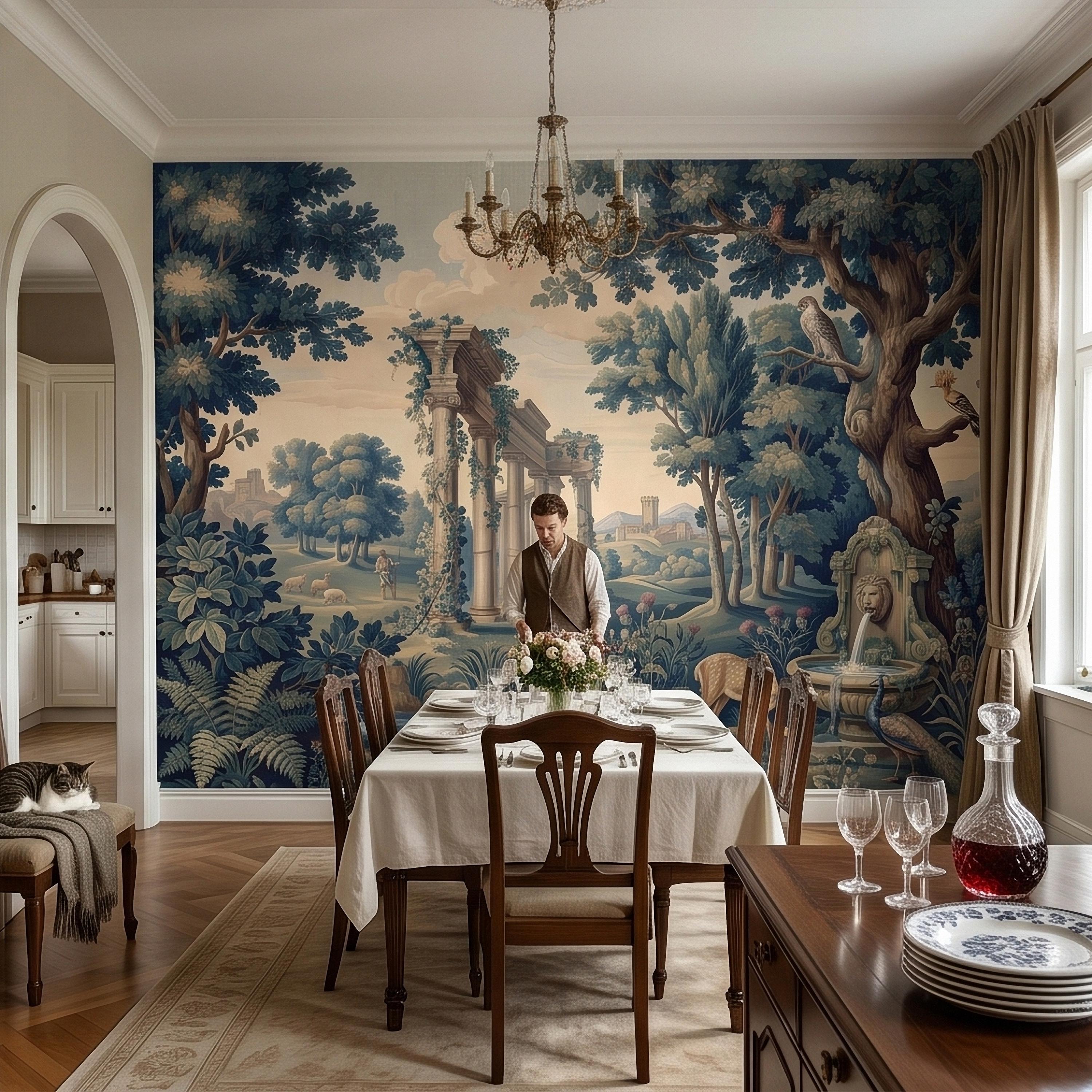 Blue Verdure Garden Peel and Stick Wall Mural, Toile de Jouy French Scenic with Roman Columns, Peacock Deer and Fountain, Vintage Wallpaper