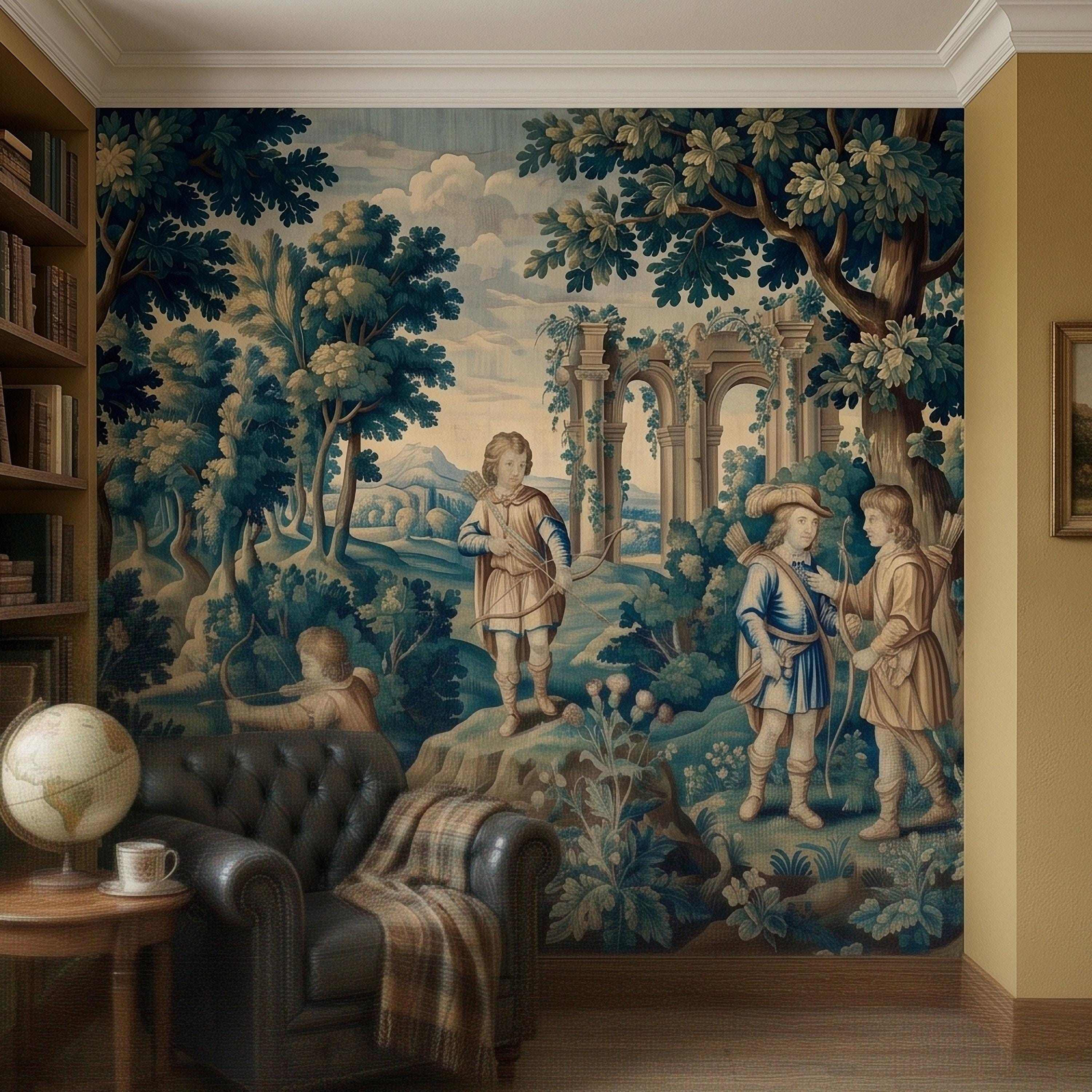 Blue Verdure Hunting Scene Peel and Stick Wall Mural, Vintage Toile de Jouy Archers in Woodland with Ruins, French Scenic Wallpaper