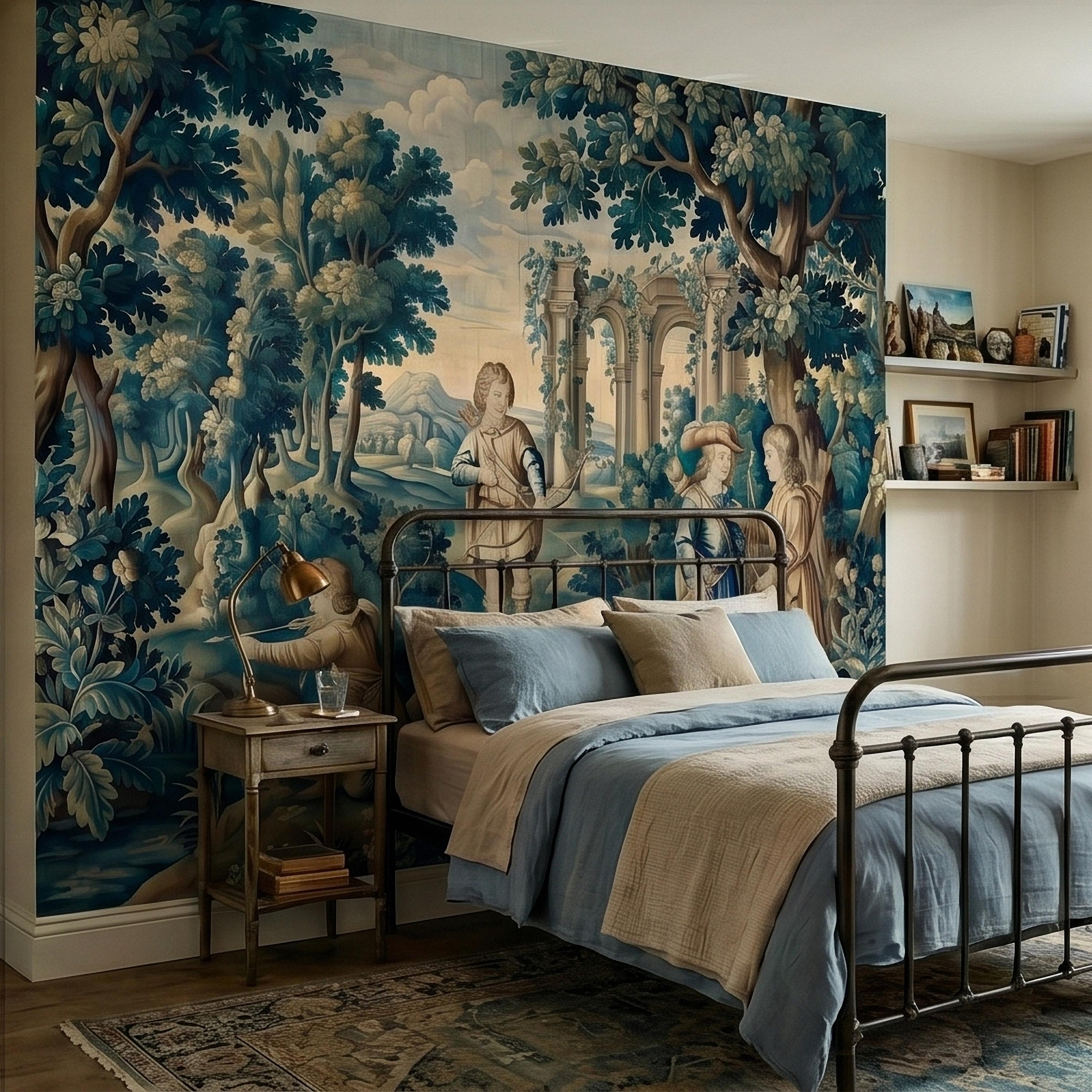 Blue Verdure Hunting Scene Peel and Stick Wall Mural, Vintage Toile de Jouy Archers in Woodland with Ruins, French Scenic Wallpaper