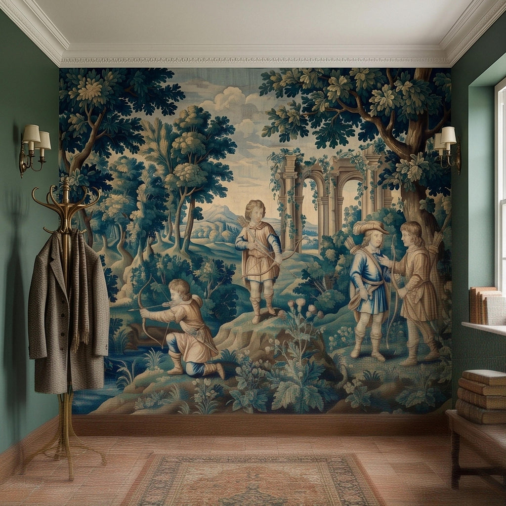 Blue Verdure Hunting Scene Peel and Stick Wall Mural, Vintage Toile de Jouy Archers in Woodland with Ruins, French Scenic Wallpaper