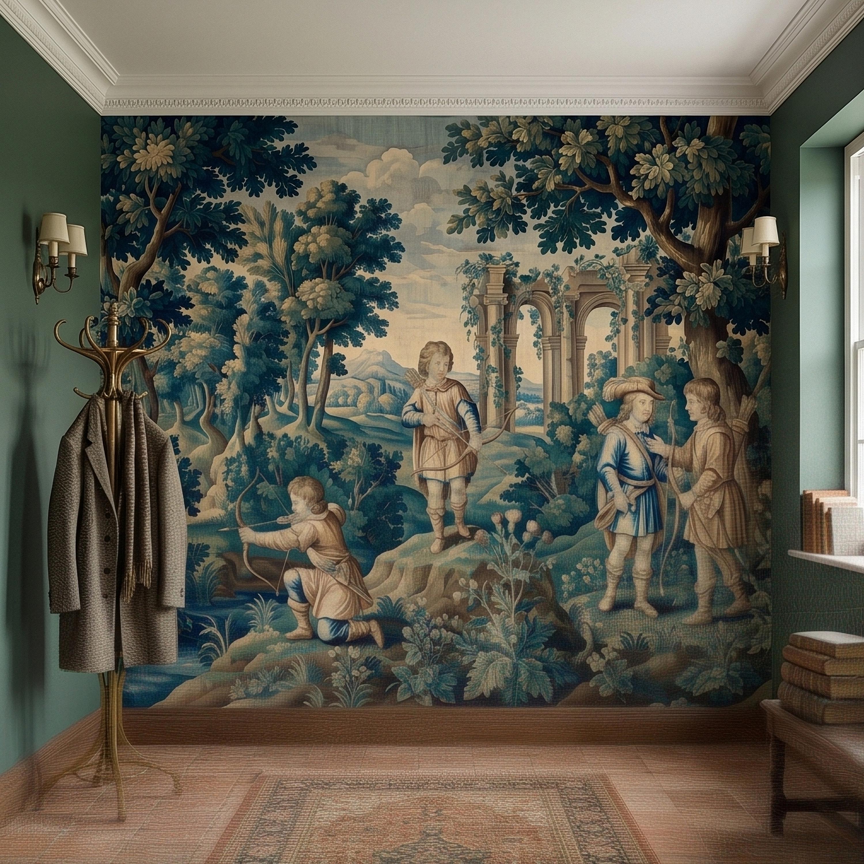 Blue Verdure Hunting Scene Peel and Stick Wall Mural, Vintage Toile de Jouy Archers in Woodland with Ruins, French Scenic Wallpaper