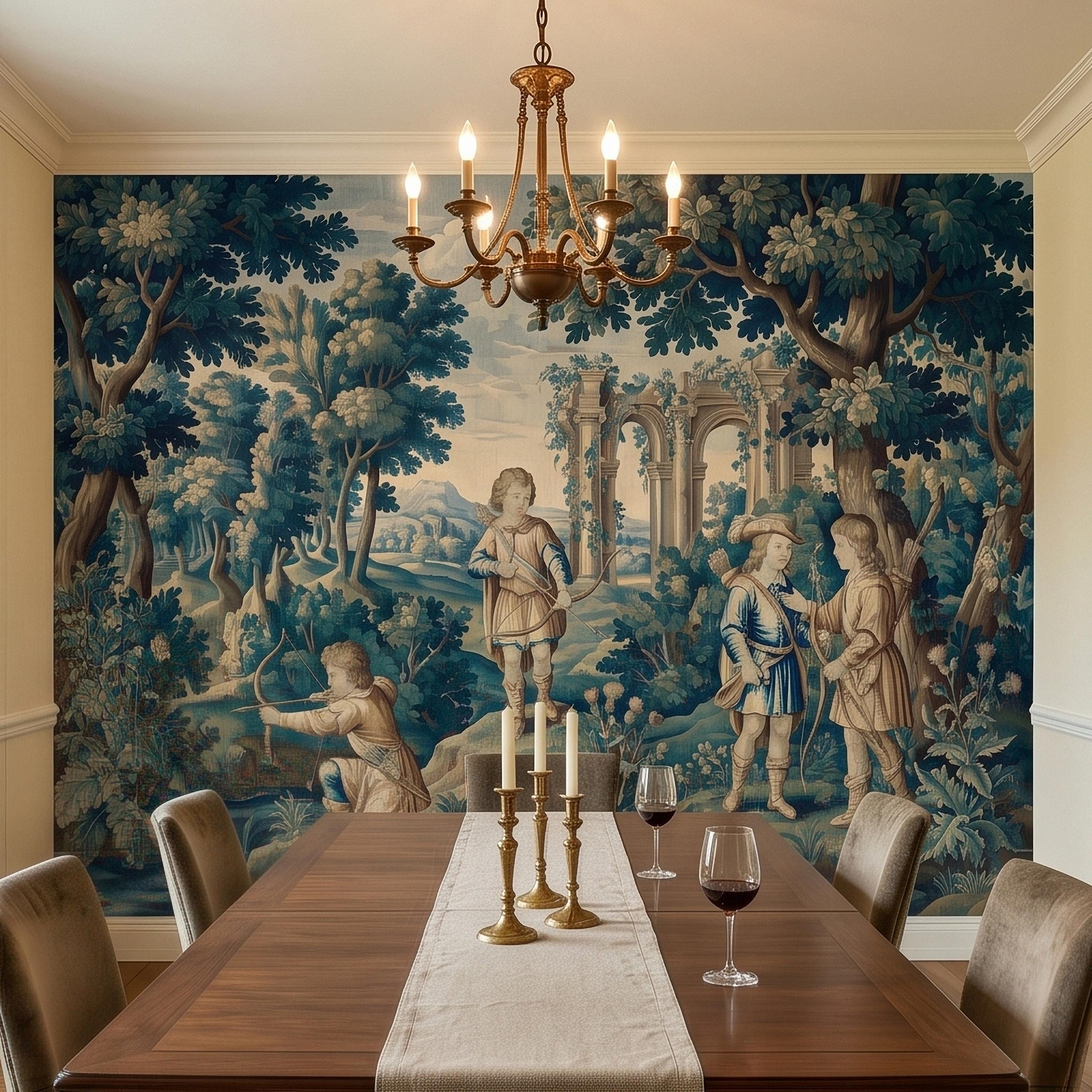 Blue Verdure Hunting Scene Peel and Stick Wall Mural, Vintage Toile de Jouy Archers in Woodland with Ruins, French Scenic Wallpaper