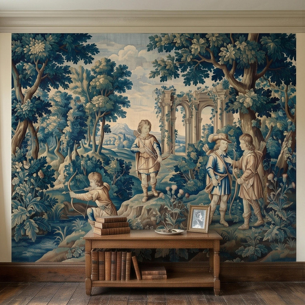 Blue Verdure Hunting Scene Peel and Stick Wall Mural, Vintage Toile de Jouy Archers in Woodland with Ruins, French Scenic Wallpaper