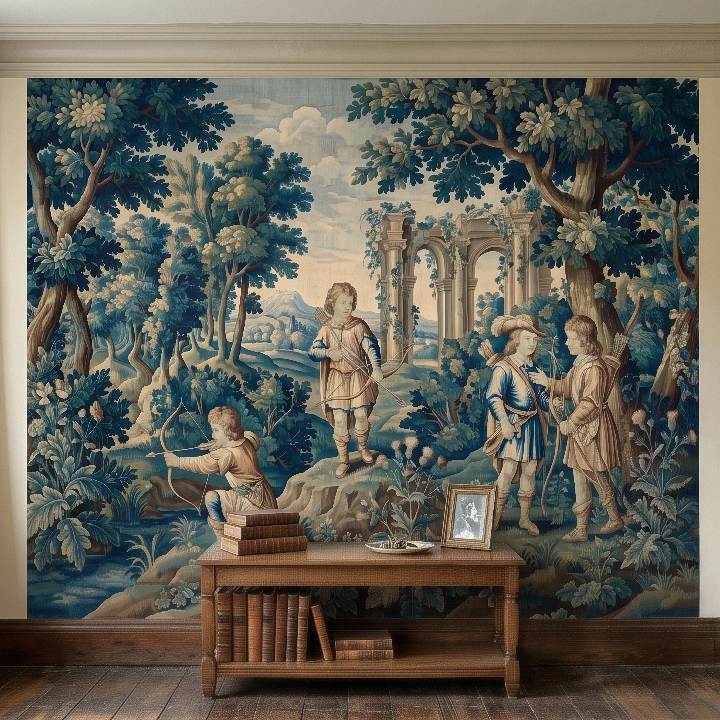 Blue Verdure Hunting Scene Peel and Stick Wall Mural, Vintage Toile de Jouy Archers in Woodland with Ruins, French Scenic Wallpaper