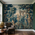 Blue Verdure Hunting Scene Peel and Stick Wall Mural, Vintage Toile de Jouy Archers in Woodland with Ruins, French Scenic Wallpaper