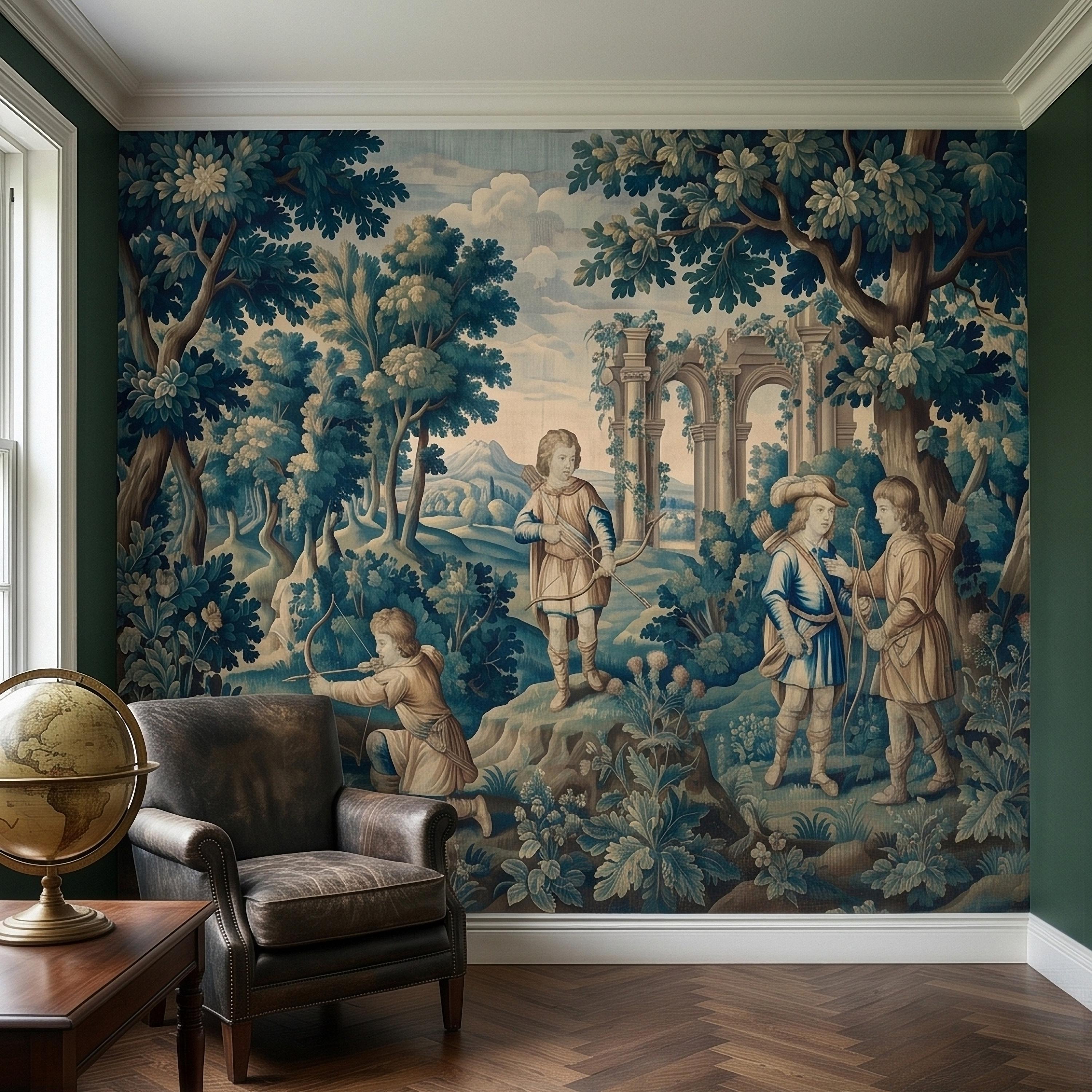 Blue Verdure Hunting Scene Peel and Stick Wall Mural, Vintage Toile de Jouy Archers in Woodland with Ruins, French Scenic Wallpaper
