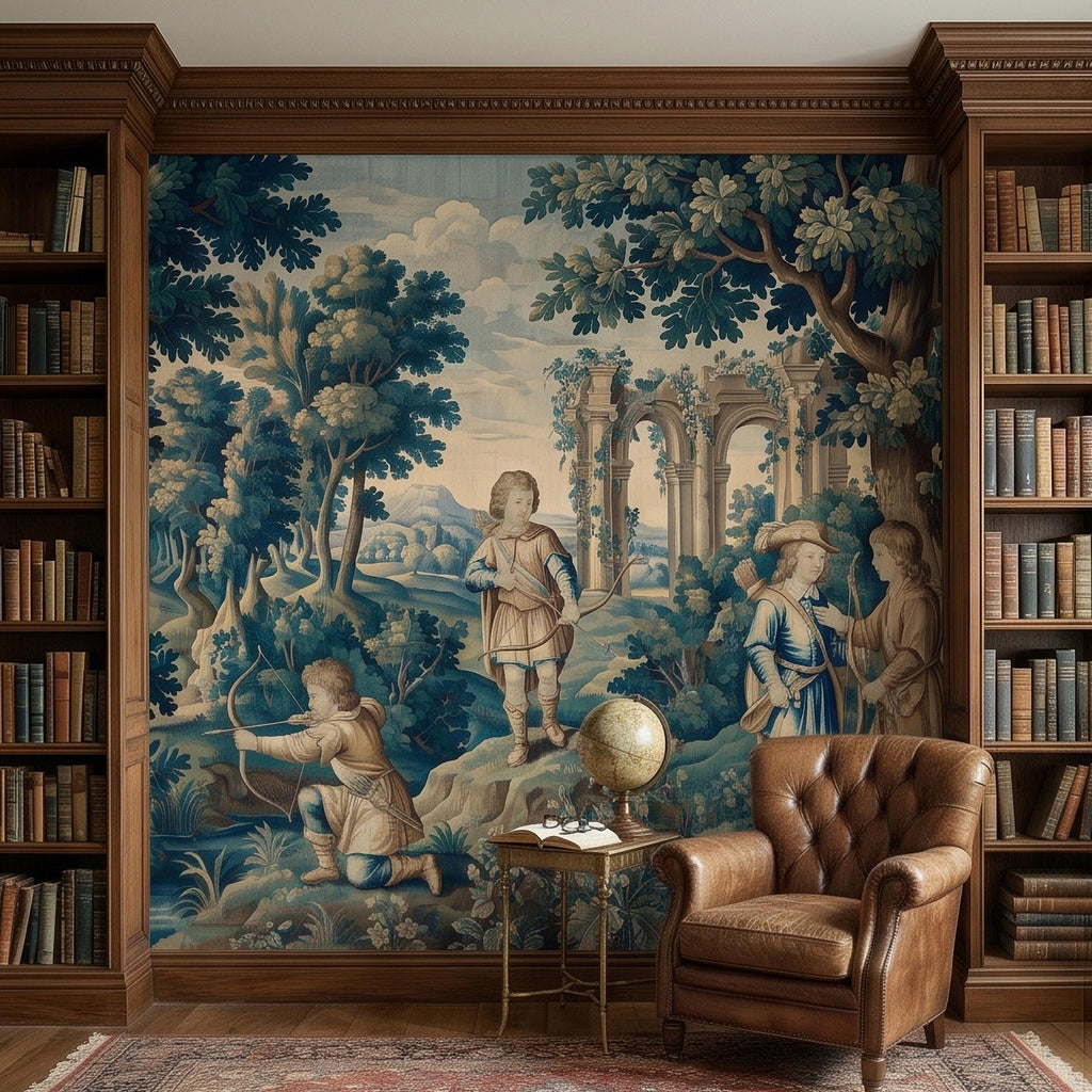 Blue Verdure Hunting Scene Peel and Stick Wall Mural, Vintage Toile de Jouy Archers in Woodland with Ruins, French Scenic Wallpaper