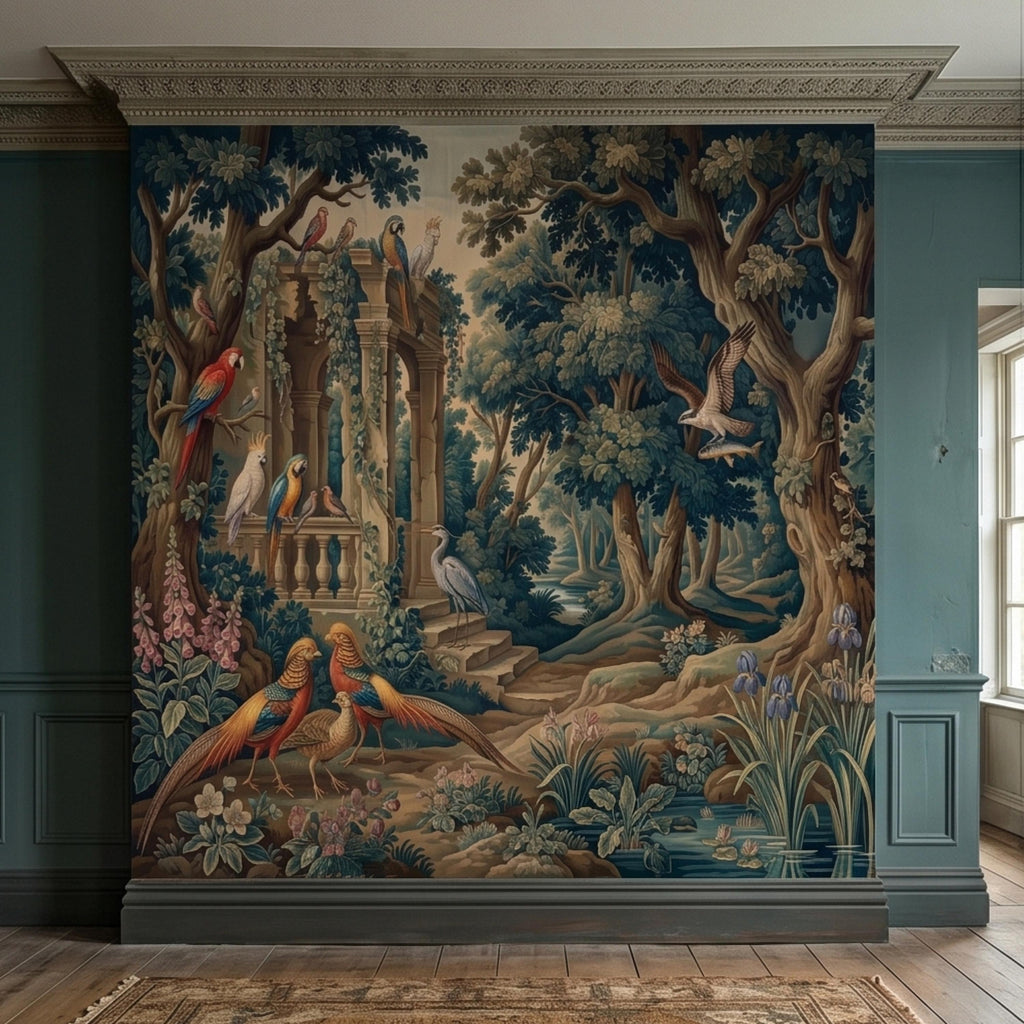 Vintage Botanical Birds Verdure Peel and Stick Wall Mural, Parrot Macaw Woodland with Garden Ruins, Blue Green Scenic French Toile Wallpaper