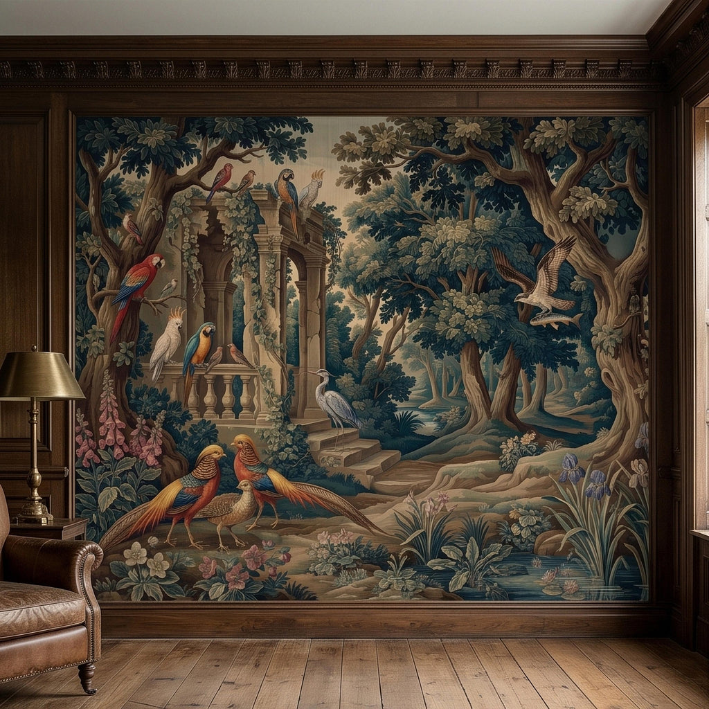 Vintage Botanical Birds Verdure Peel and Stick Wall Mural, Parrot Macaw Woodland with Garden Ruins, Blue Green Scenic French Toile Wallpaper