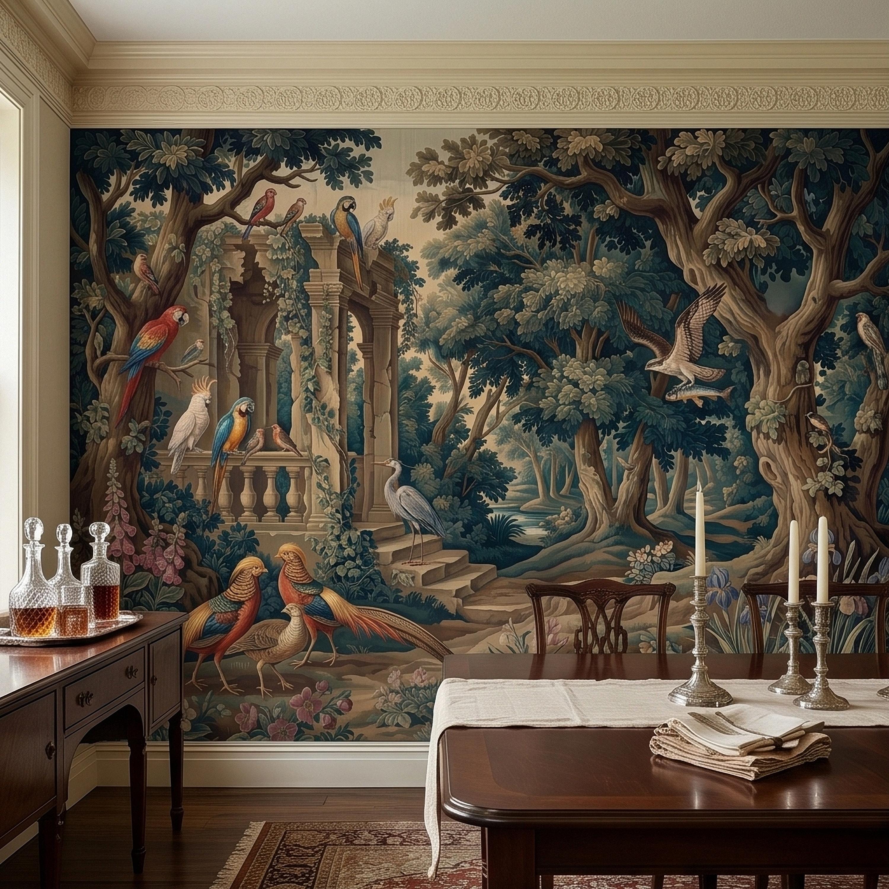 Vintage Botanical Birds Verdure Peel and Stick Wall Mural, Parrot Macaw Woodland with Garden Ruins, Blue Green Scenic French Toile Wallpaper