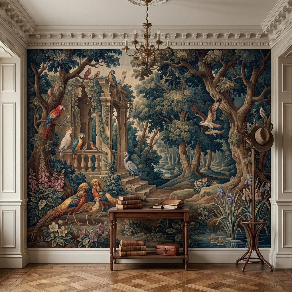 Vintage Botanical Birds Verdure Peel and Stick Wall Mural, Parrot Macaw Woodland with Garden Ruins, Blue Green Scenic French Toile Wallpaper