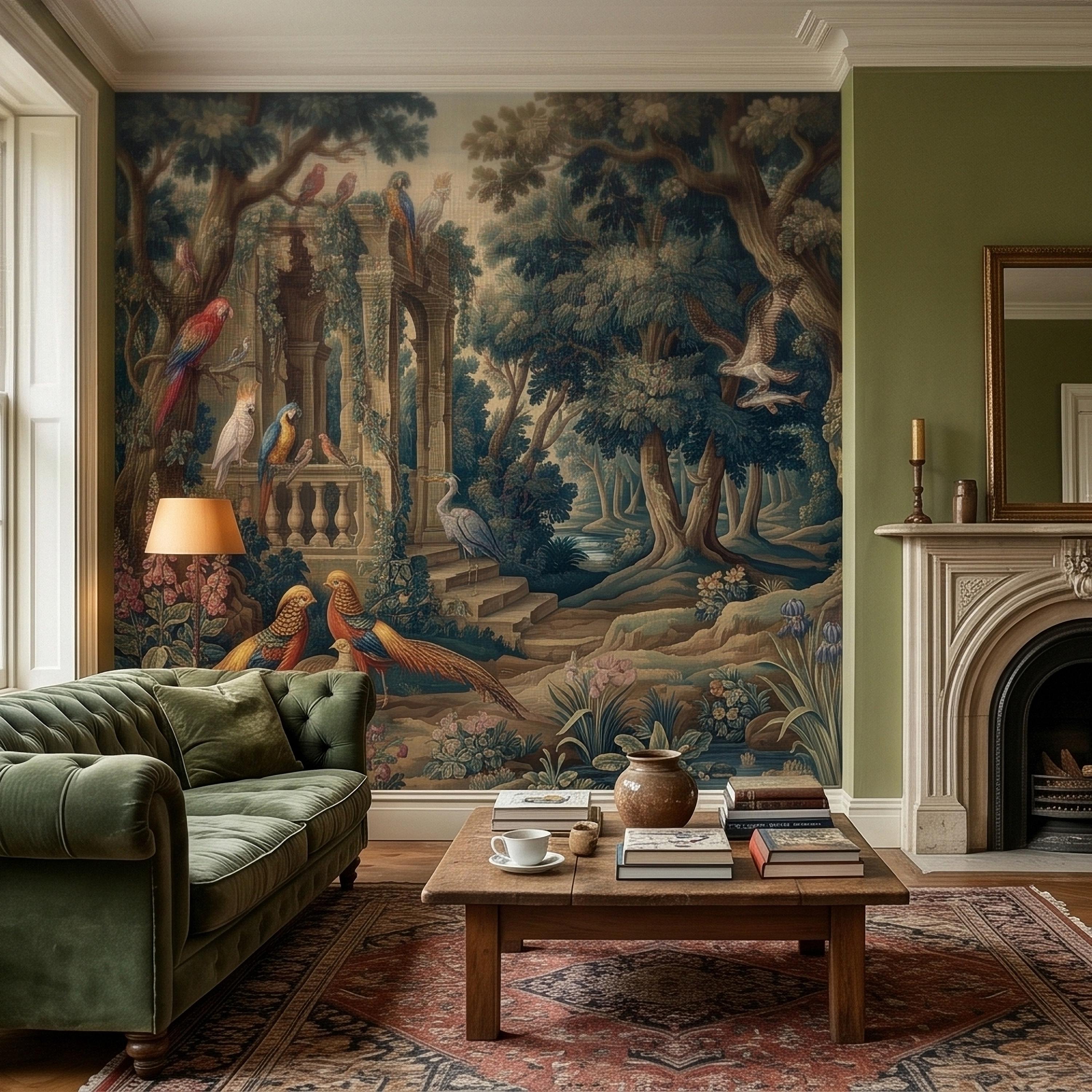 Vintage Botanical Birds Verdure Peel and Stick Wall Mural, Parrot Macaw Woodland with Garden Ruins, Blue Green Scenic French Toile Wallpaper
