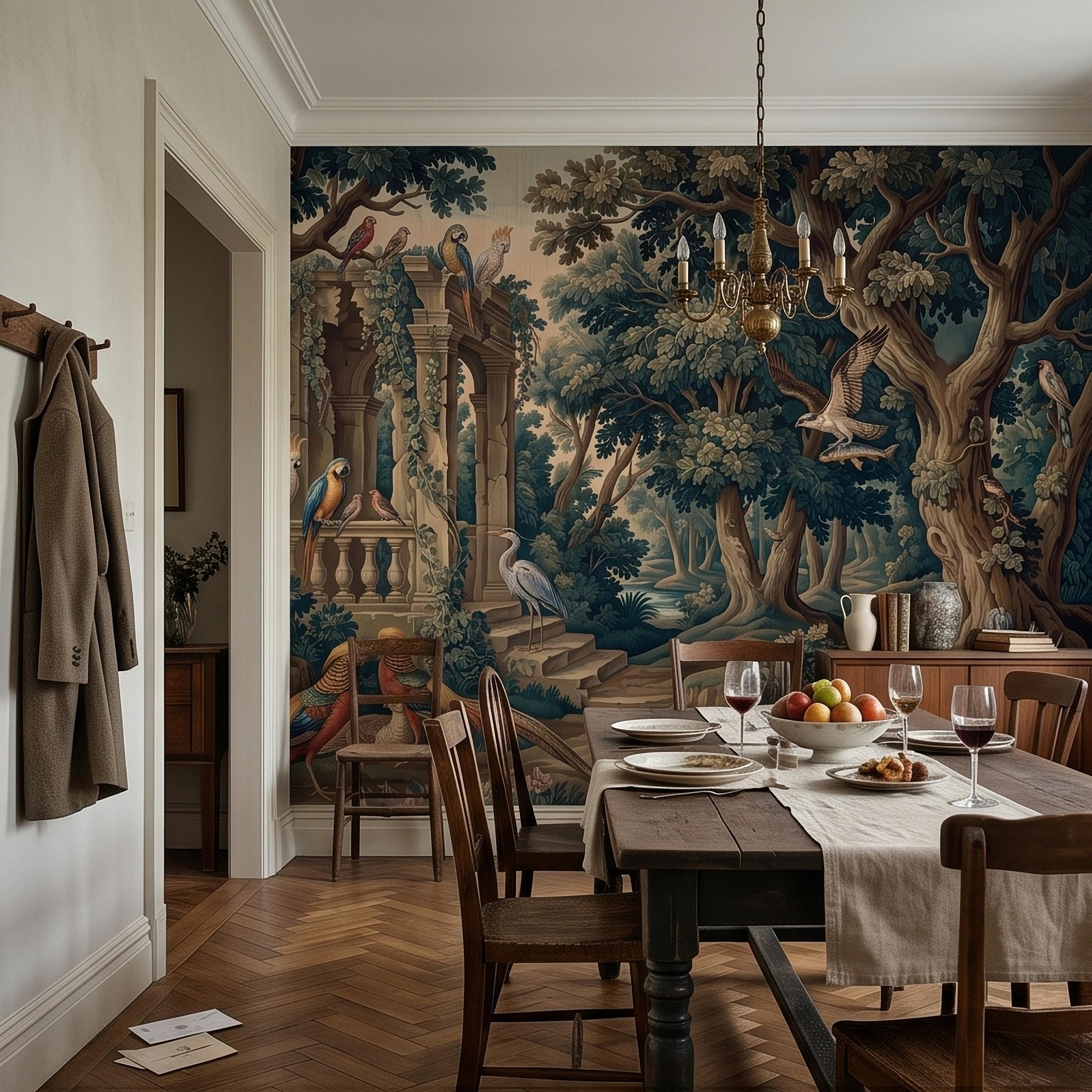 Vintage Botanical Birds Verdure Peel and Stick Wall Mural, Parrot Macaw Woodland with Garden Ruins, Blue Green Scenic French Toile Wallpaper