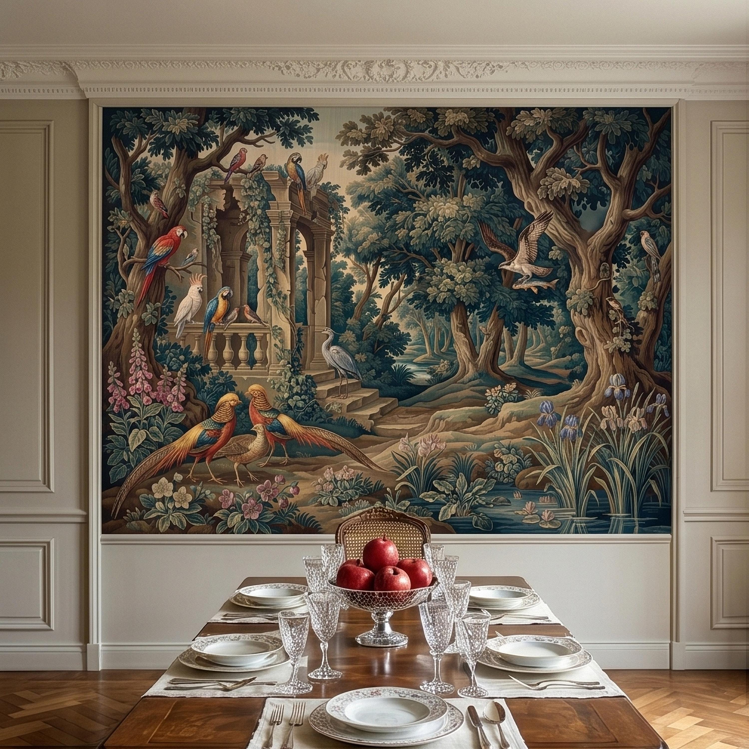 Vintage Botanical Birds Verdure Peel and Stick Wall Mural, Parrot Macaw Woodland with Garden Ruins, Blue Green Scenic French Toile Wallpaper