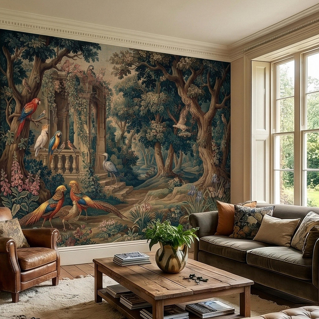 Vintage Botanical Birds Verdure Peel and Stick Wall Mural, Parrot Macaw Woodland with Garden Ruins, Blue Green Scenic French Toile Wallpaper