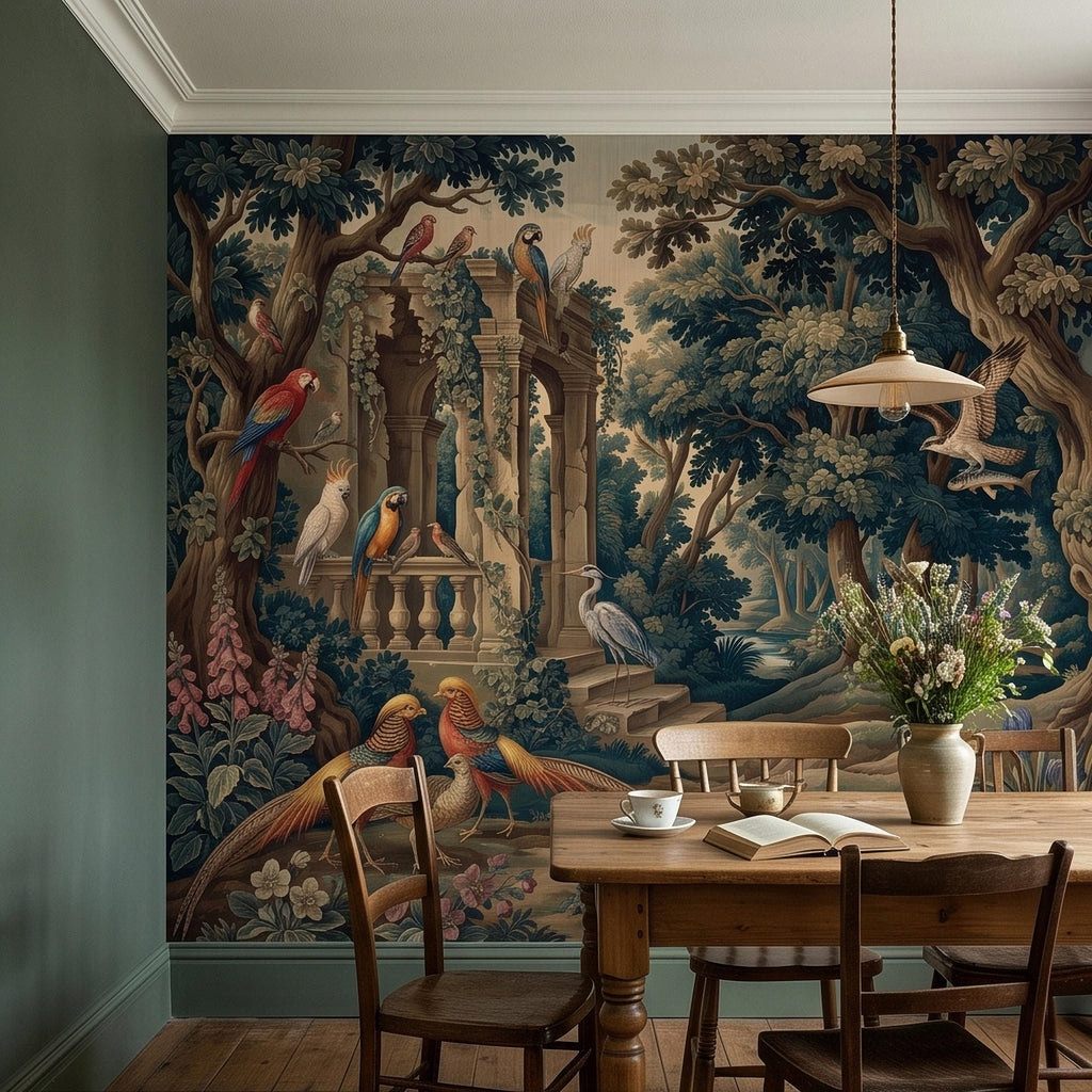 Vintage Botanical Birds Verdure Peel and Stick Wall Mural, Parrot Macaw Woodland with Garden Ruins, Blue Green Scenic French Toile Wallpaper