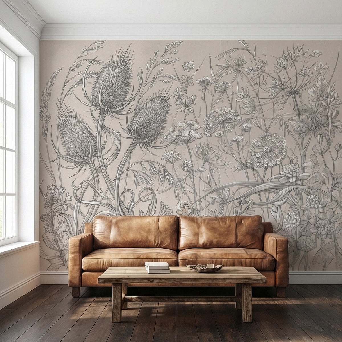 Vintage Botanical Wildflower Meadow Peel and Stick Wall Mural Neutral Beige Floral Sketch Thistle Fern Line Art Cottagecore Garden Wallpaper - The Fine Art Murals
