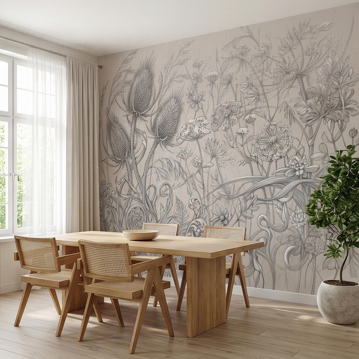 Vintage Botanical Wildflower Meadow Peel and Stick Wall Mural Neutral Beige Floral Sketch Thistle Fern Line Art Cottagecore Garden Wallpaper - The Fine Art Murals