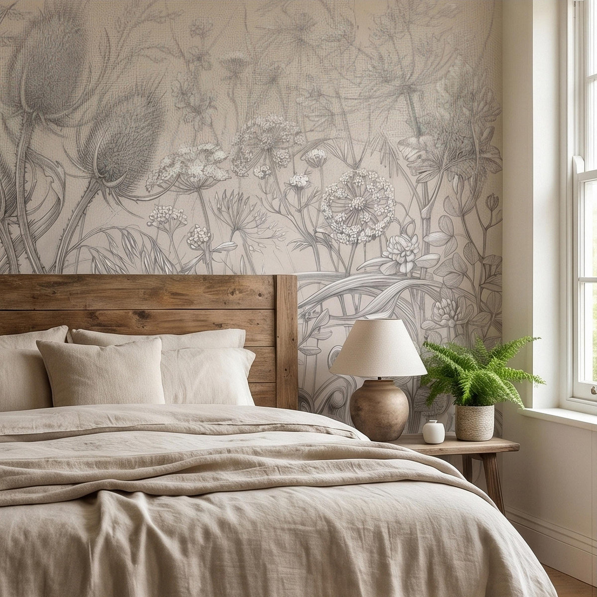Vintage Botanical Wildflower Meadow Peel and Stick Wall Mural Neutral Beige Floral Sketch Thistle Fern Line Art Cottagecore Garden Wallpaper - The Fine Art Murals