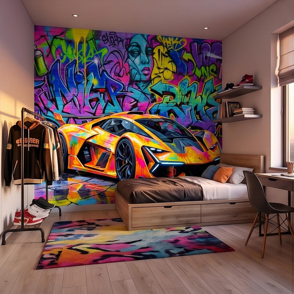 Neon Graffiti Exotic Supercar Street Art Peel and Stick Wall Mural, Colorful Urban Sports Car Raceway Illustration, Bold Modern Wallpaper