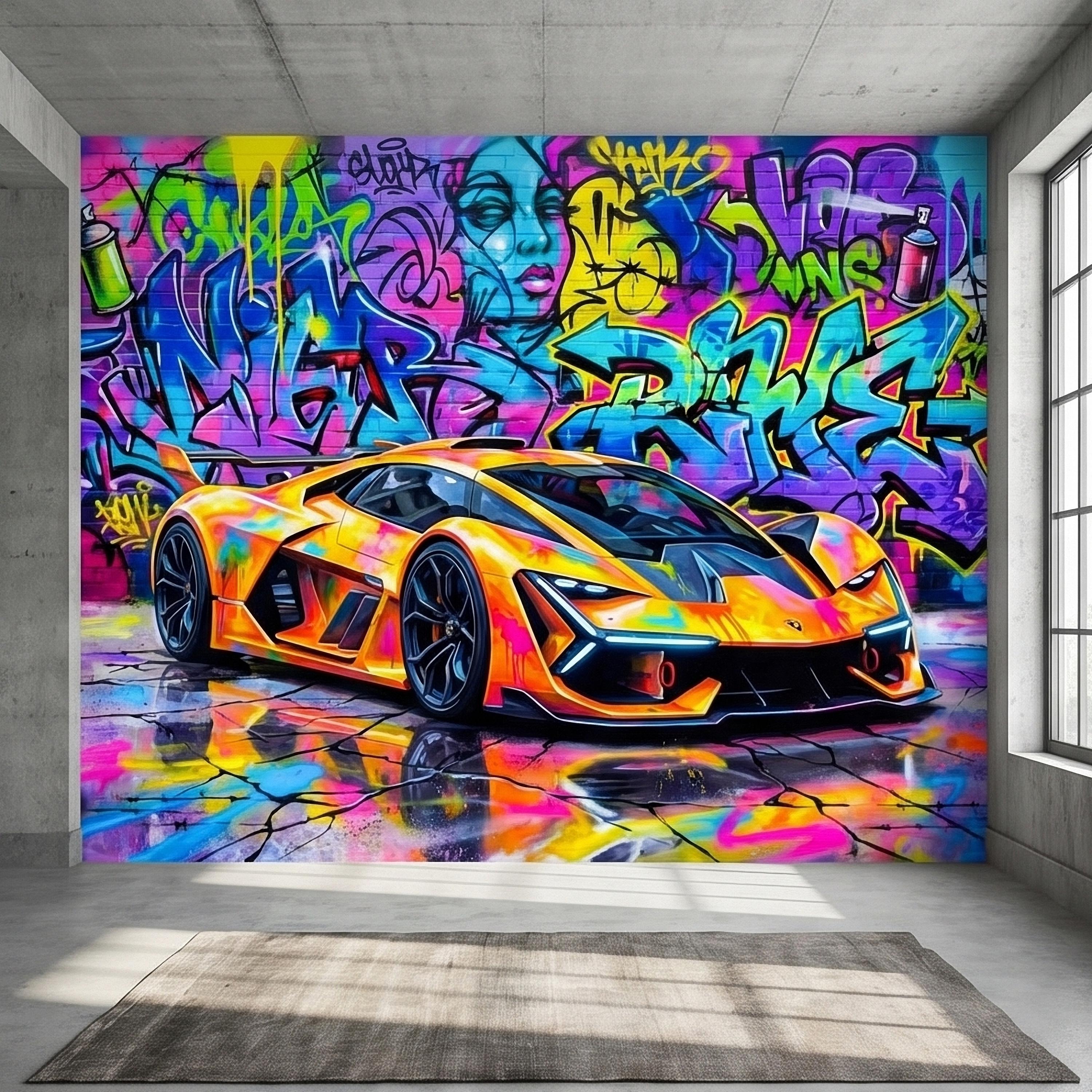Neon Graffiti Exotic Supercar Street Art Peel and Stick Wall Mural, Colorful Urban Sports Car Raceway Illustration, Bold Modern Wallpaper