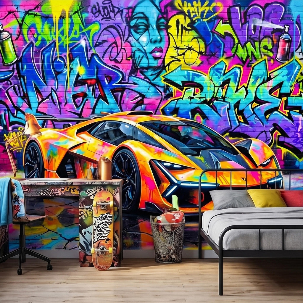 Neon Graffiti Exotic Supercar Street Art Peel and Stick Wall Mural, Colorful Urban Sports Car Raceway Illustration, Bold Modern Wallpaper