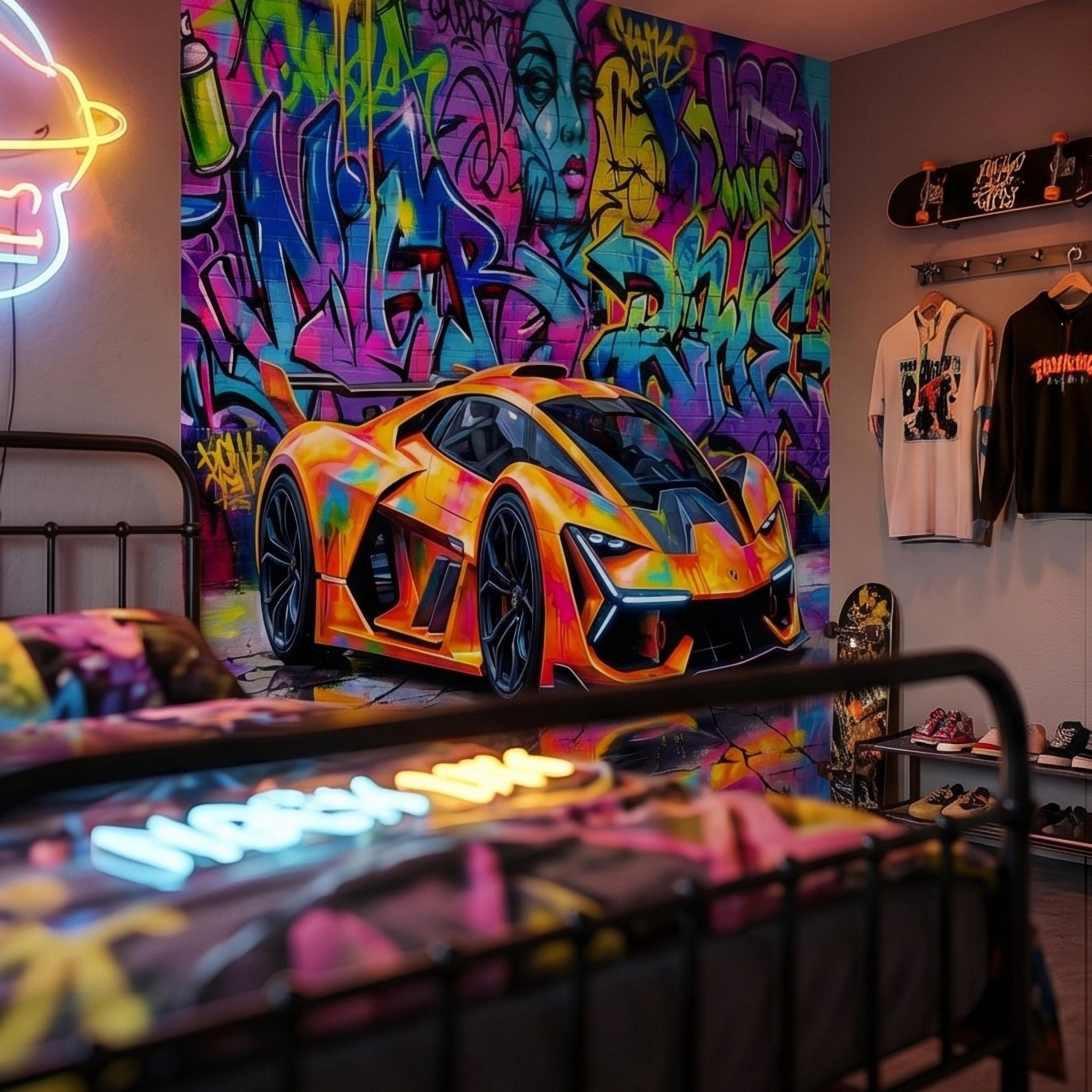 Neon Graffiti Exotic Supercar Street Art Peel and Stick Wall Mural, Colorful Urban Sports Car Raceway Illustration, Bold Modern Wallpaper