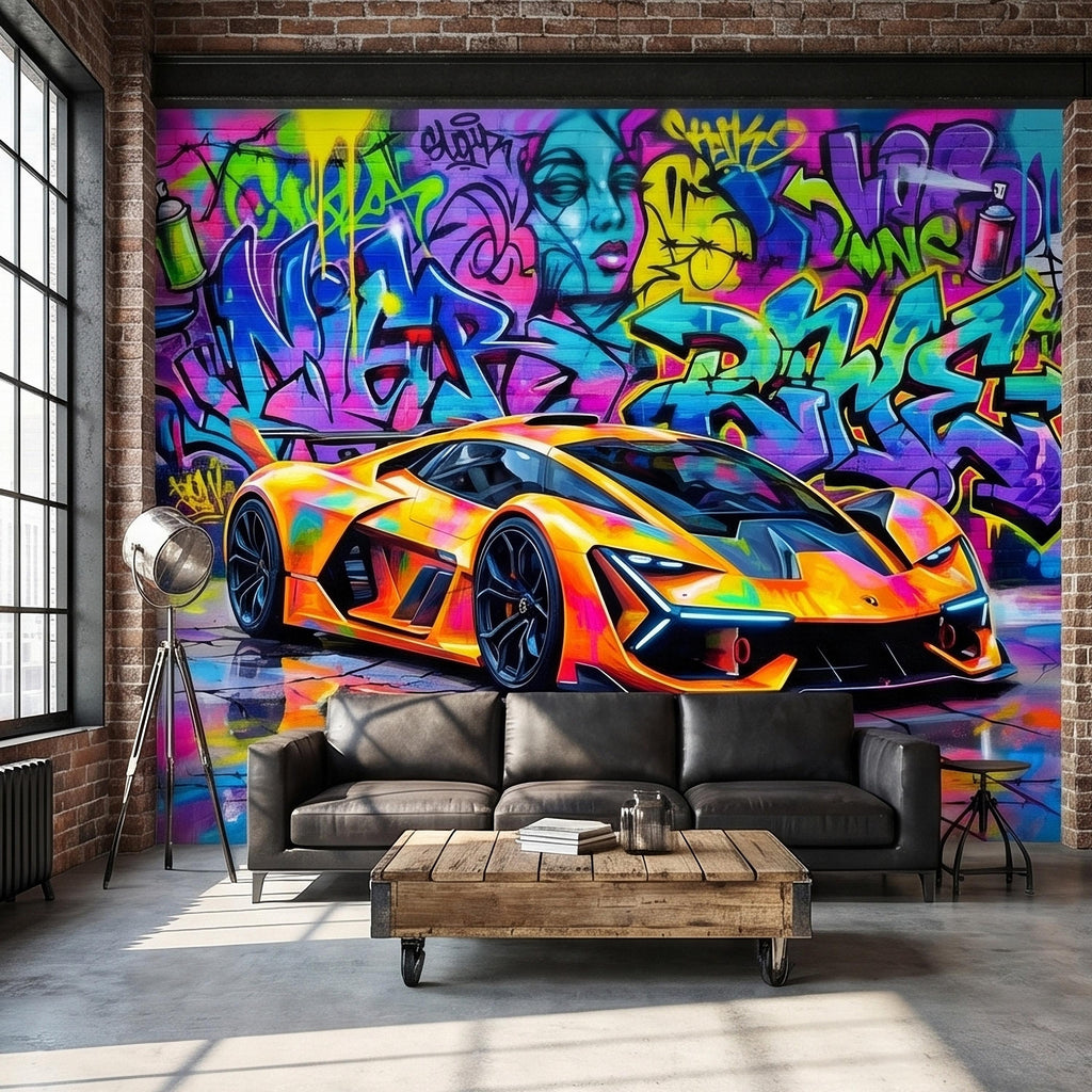 Neon Graffiti Exotic Supercar Street Art Peel and Stick Wall Mural, Colorful Urban Sports Car Raceway Illustration, Bold Modern Wallpaper