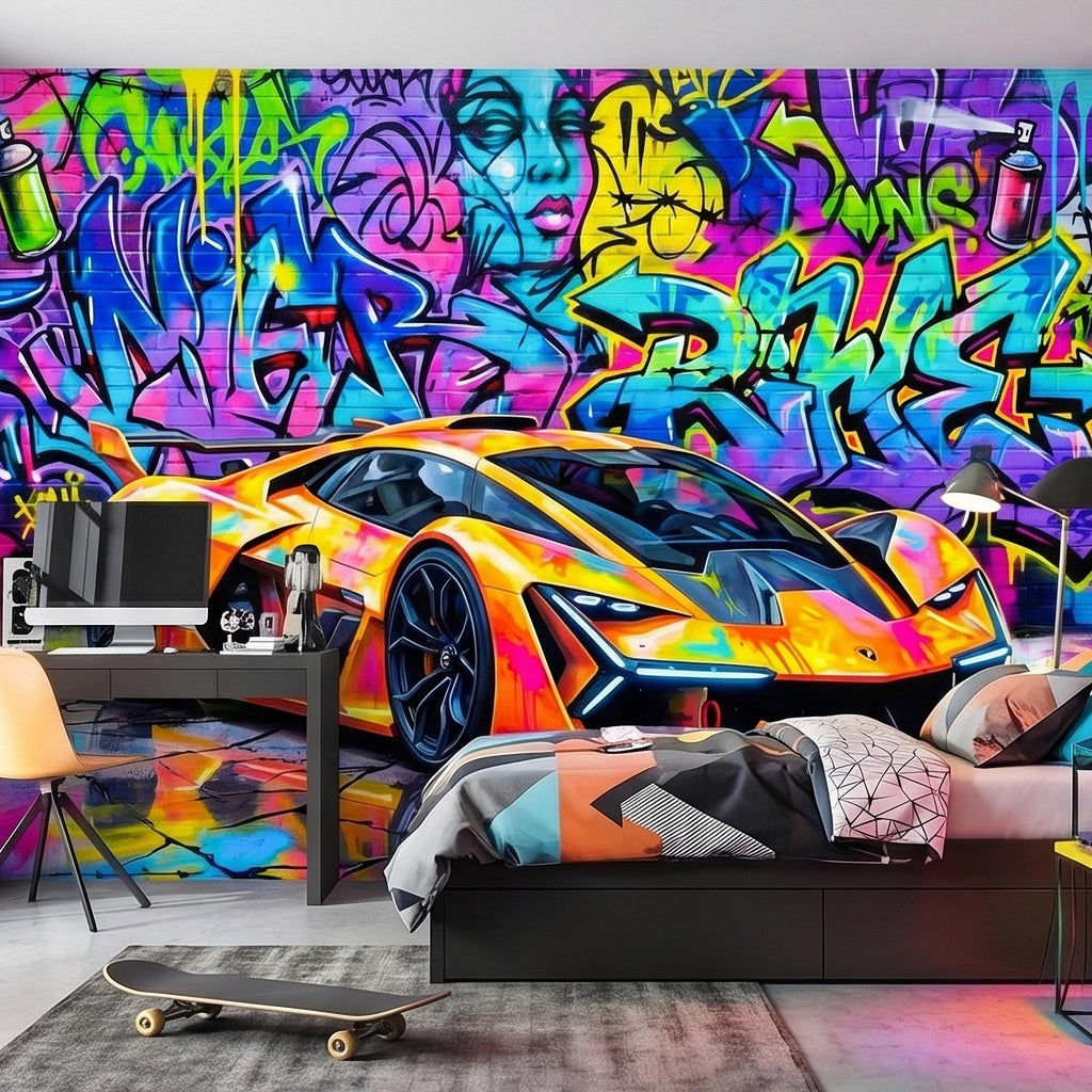 Neon Graffiti Exotic Supercar Street Art Peel and Stick Wall Mural, Colorful Urban Sports Car Raceway Illustration, Bold Modern Wallpaper