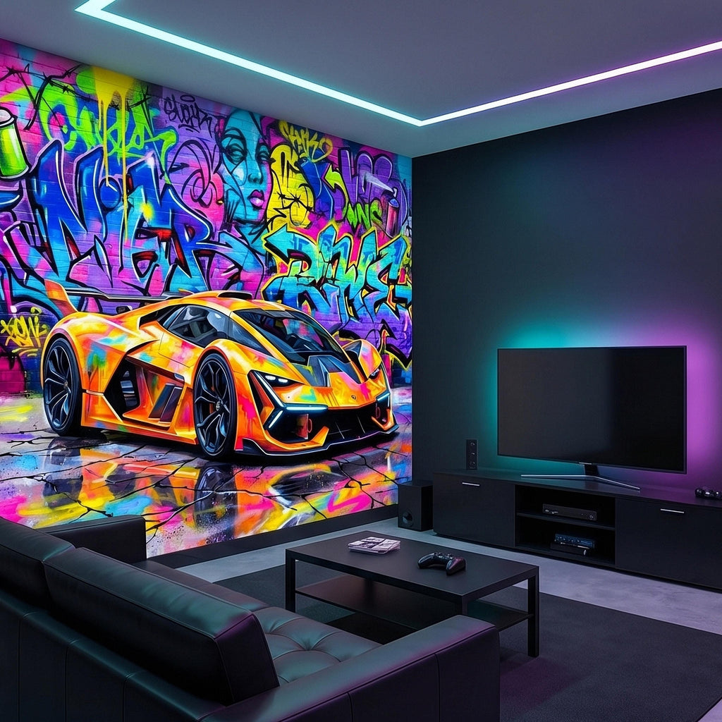 Neon Graffiti Exotic Supercar Street Art Peel and Stick Wall Mural, Colorful Urban Sports Car Raceway Illustration, Bold Modern Wallpaper