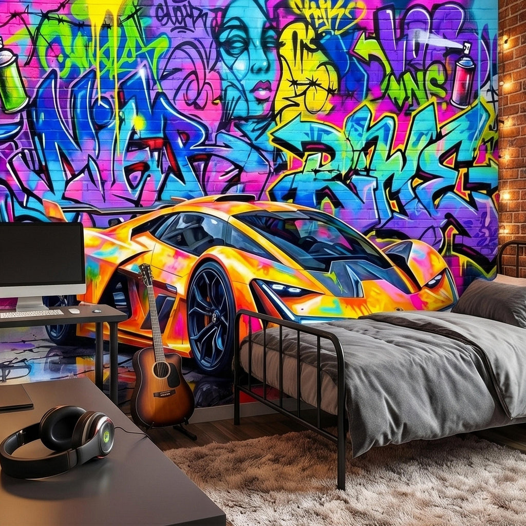 Neon Graffiti Exotic Supercar Street Art Peel and Stick Wall Mural, Colorful Urban Sports Car Raceway Illustration, Bold Modern Wallpaper