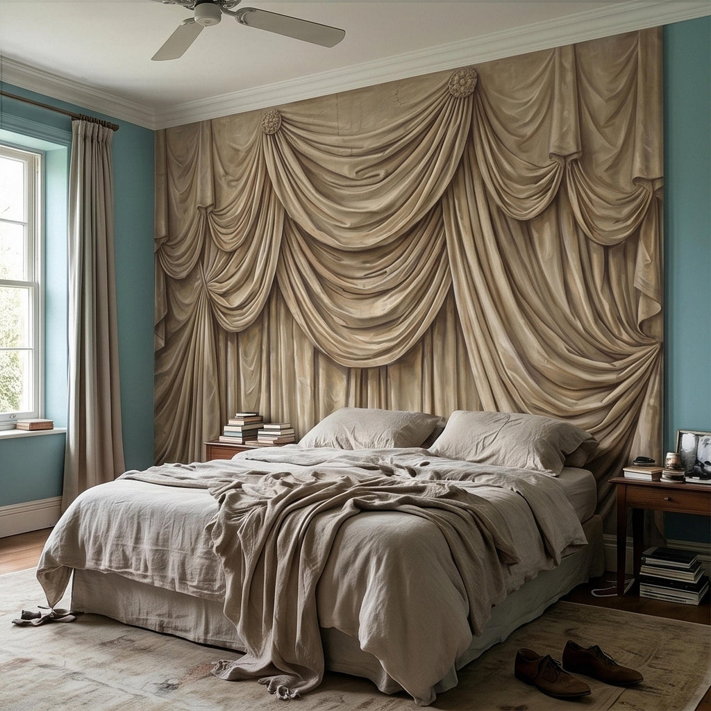 Vintage Drapery Curtain Peel and Stick Wall Mural, Neutral Beige Trompe L'Oeil Theater Stage Curtain Backdrop, Old World Wallpaper