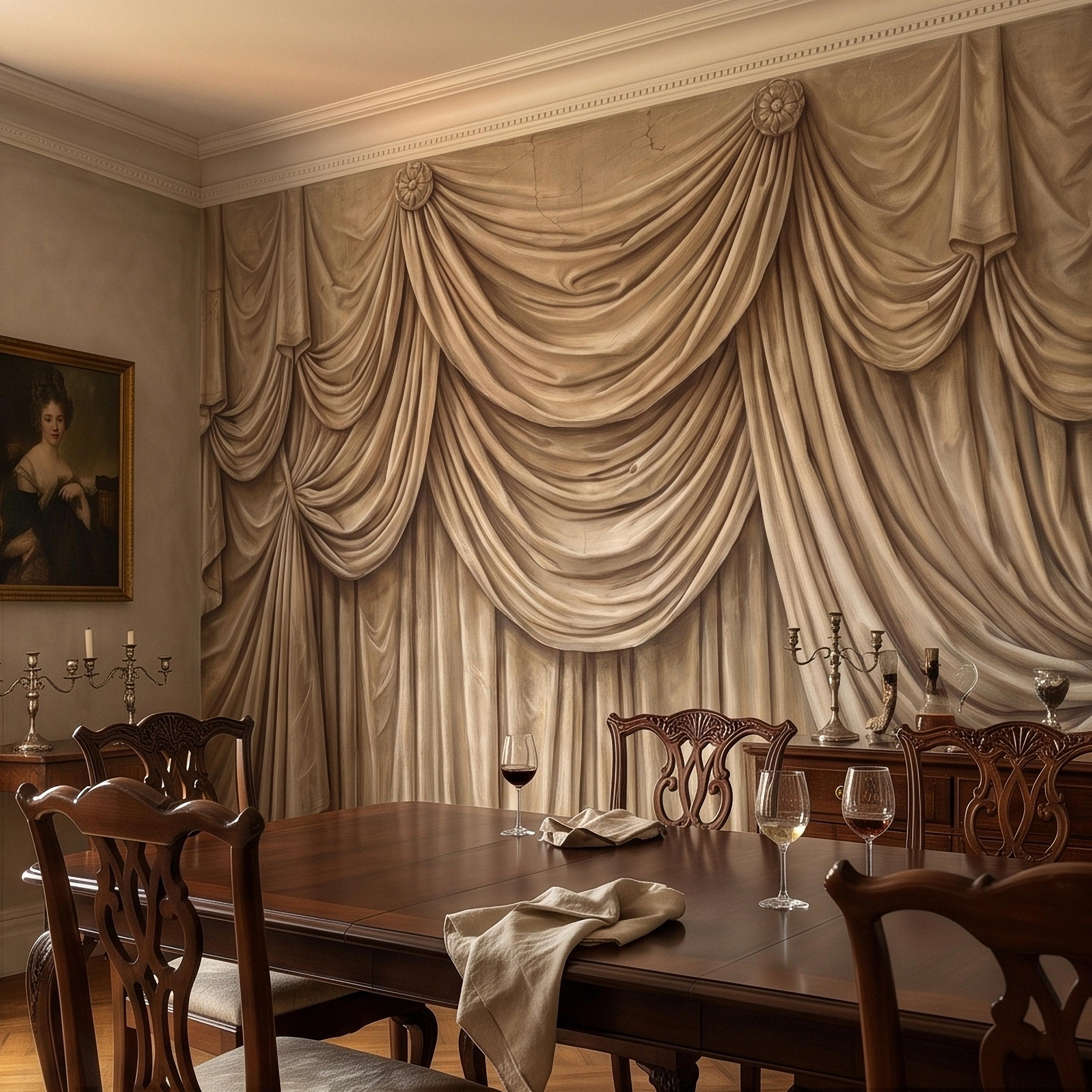 Vintage Drapery Curtain Peel and Stick Wall Mural, Neutral Beige Trompe L'Oeil Theater Stage Curtain Backdrop, Old World Wallpaper
