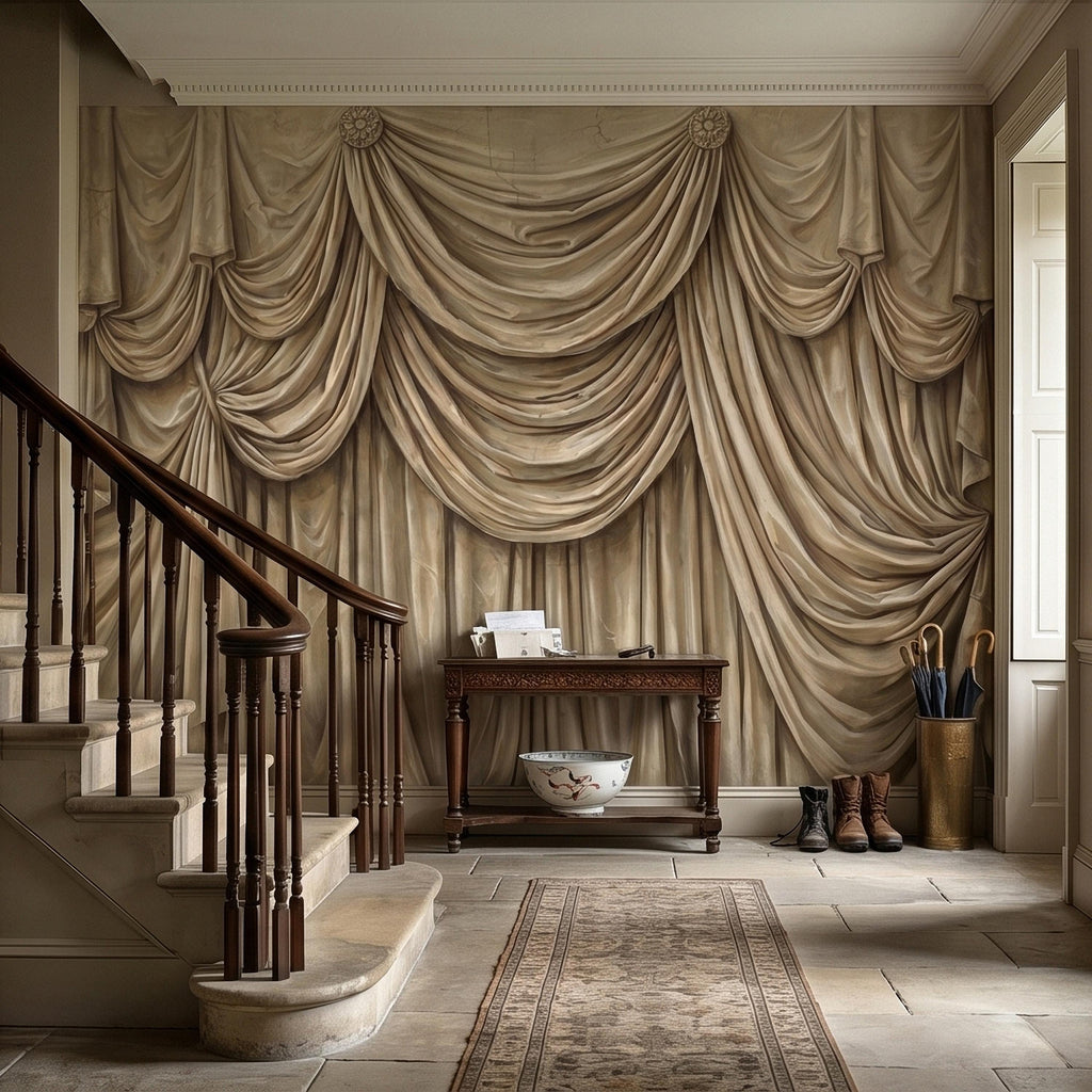 Vintage Drapery Curtain Peel and Stick Wall Mural, Neutral Beige Trompe L'Oeil Theater Stage Curtain Backdrop, Old World Wallpaper