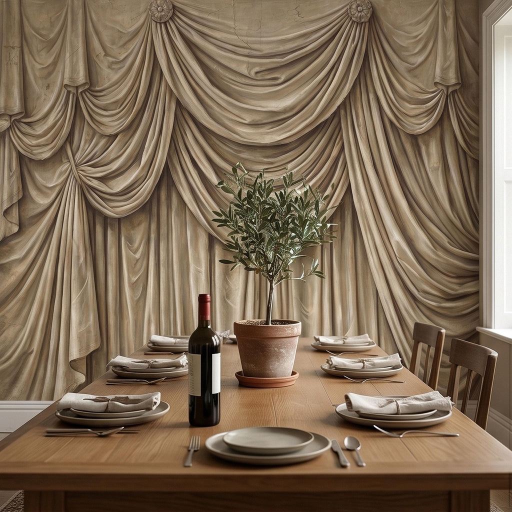 Vintage Drapery Curtain Peel and Stick Wall Mural, Neutral Beige Trompe L'Oeil Theater Stage Curtain Backdrop, Old World Wallpaper