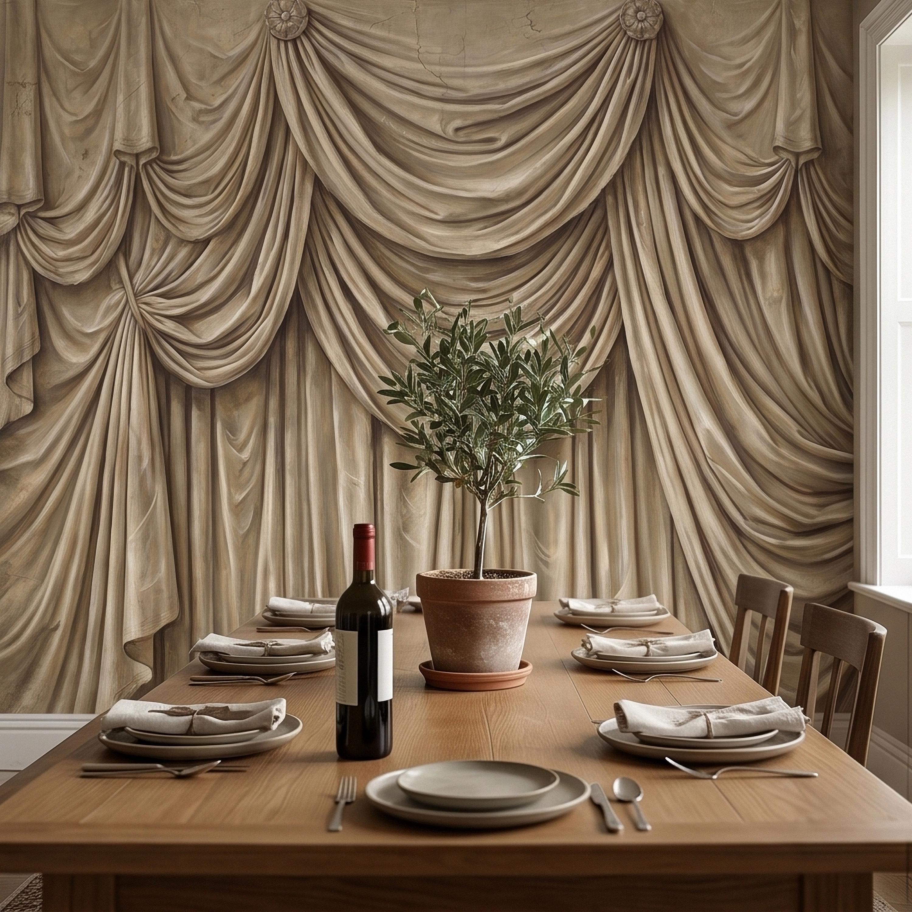 Vintage Drapery Curtain Peel and Stick Wall Mural, Neutral Beige Trompe L'Oeil Theater Stage Curtain Backdrop, Old World Wallpaper