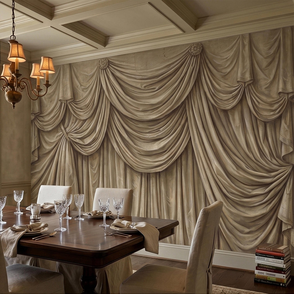 Vintage Drapery Curtain Peel and Stick Wall Mural, Neutral Beige Trompe L'Oeil Theater Stage Curtain Backdrop, Old World Wallpaper