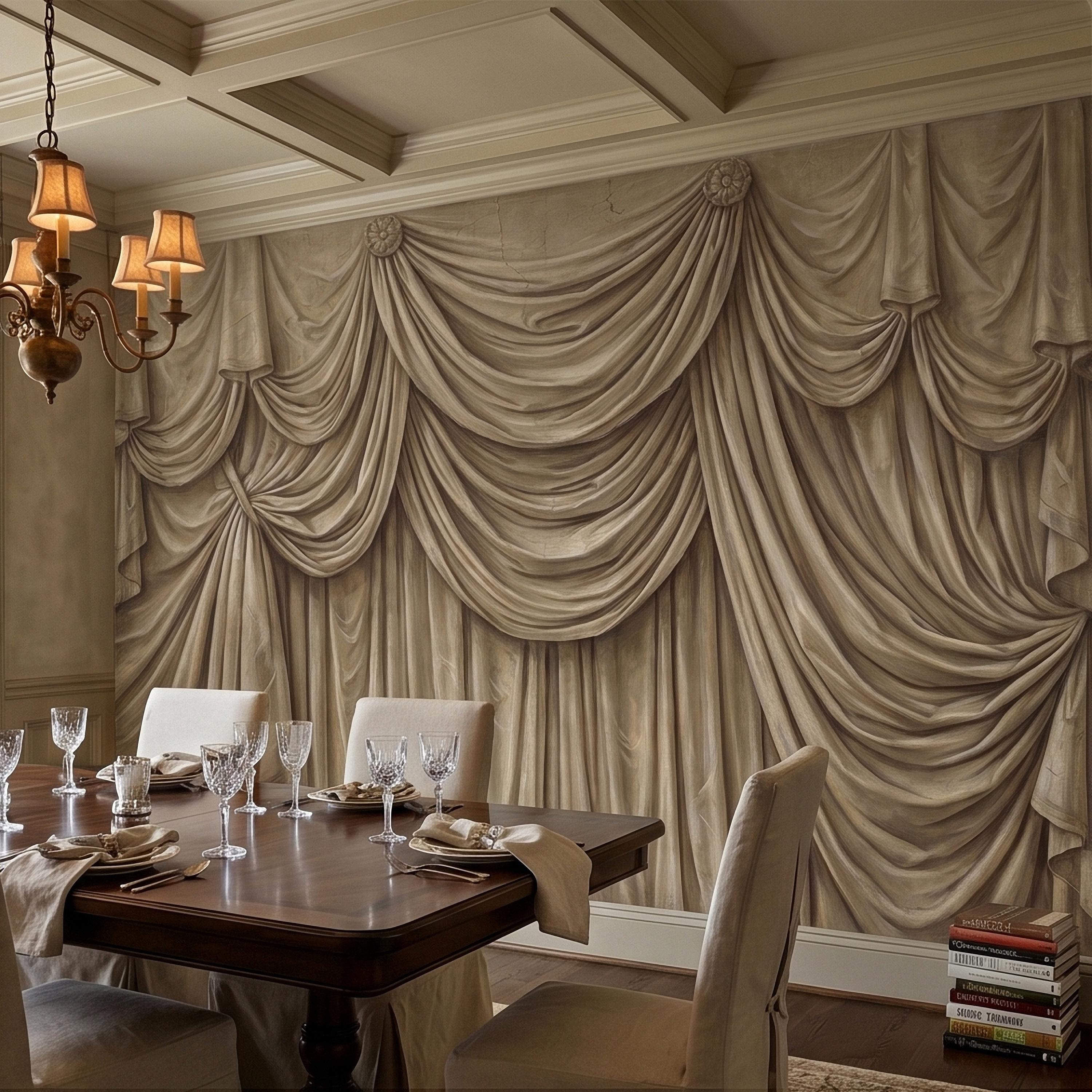 Vintage Drapery Curtain Peel and Stick Wall Mural, Neutral Beige Trompe L'Oeil Theater Stage Curtain Backdrop, Old World Wallpaper