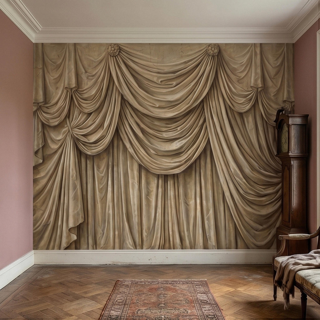 Vintage Drapery Curtain Peel and Stick Wall Mural, Neutral Beige Trompe L'Oeil Theater Stage Curtain Backdrop, Old World Wallpaper